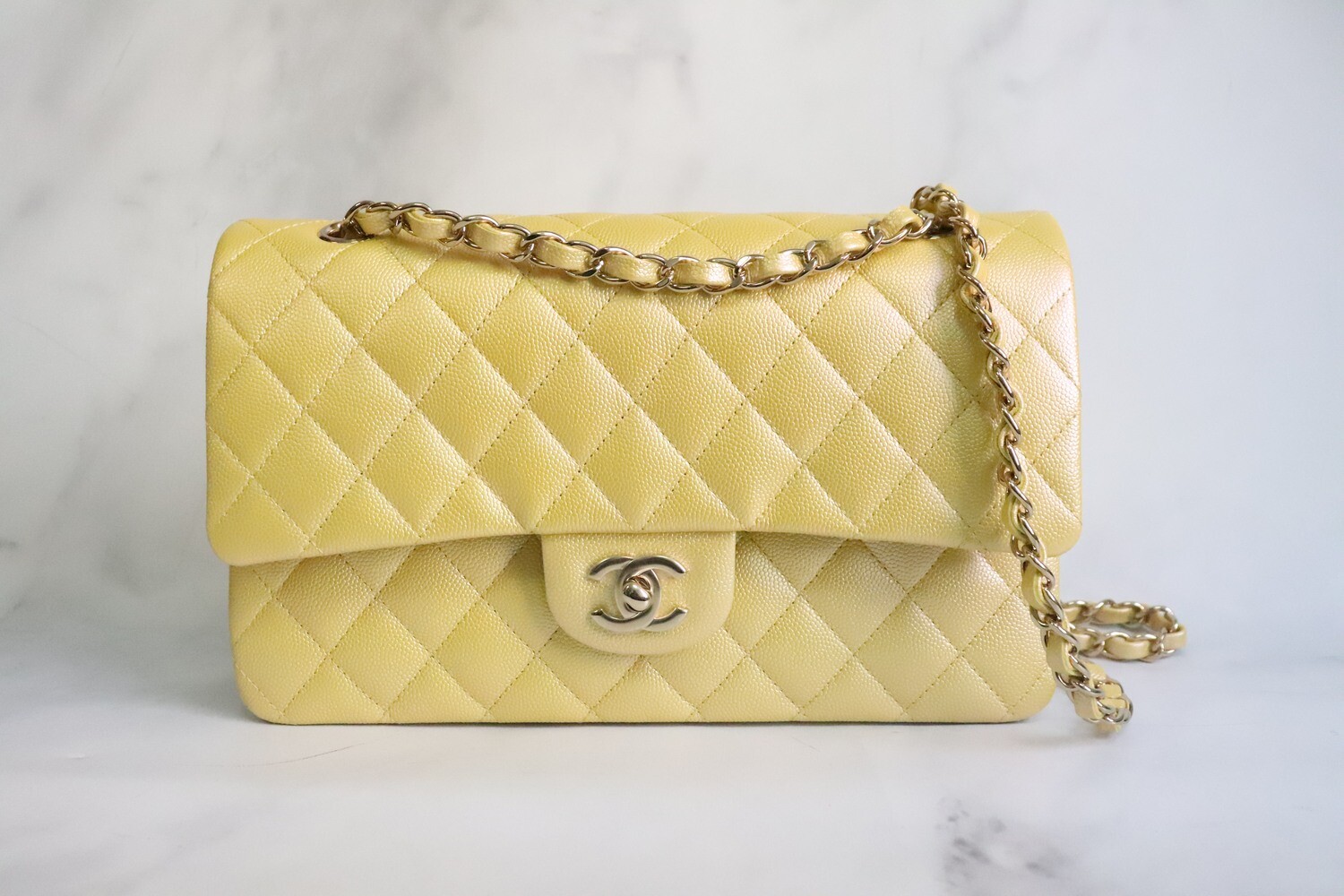 Chanel Classic Medium Double Flap, 22P Iridescent Yellow Gold Caviar  Leather, Gold Hardware, New in Box