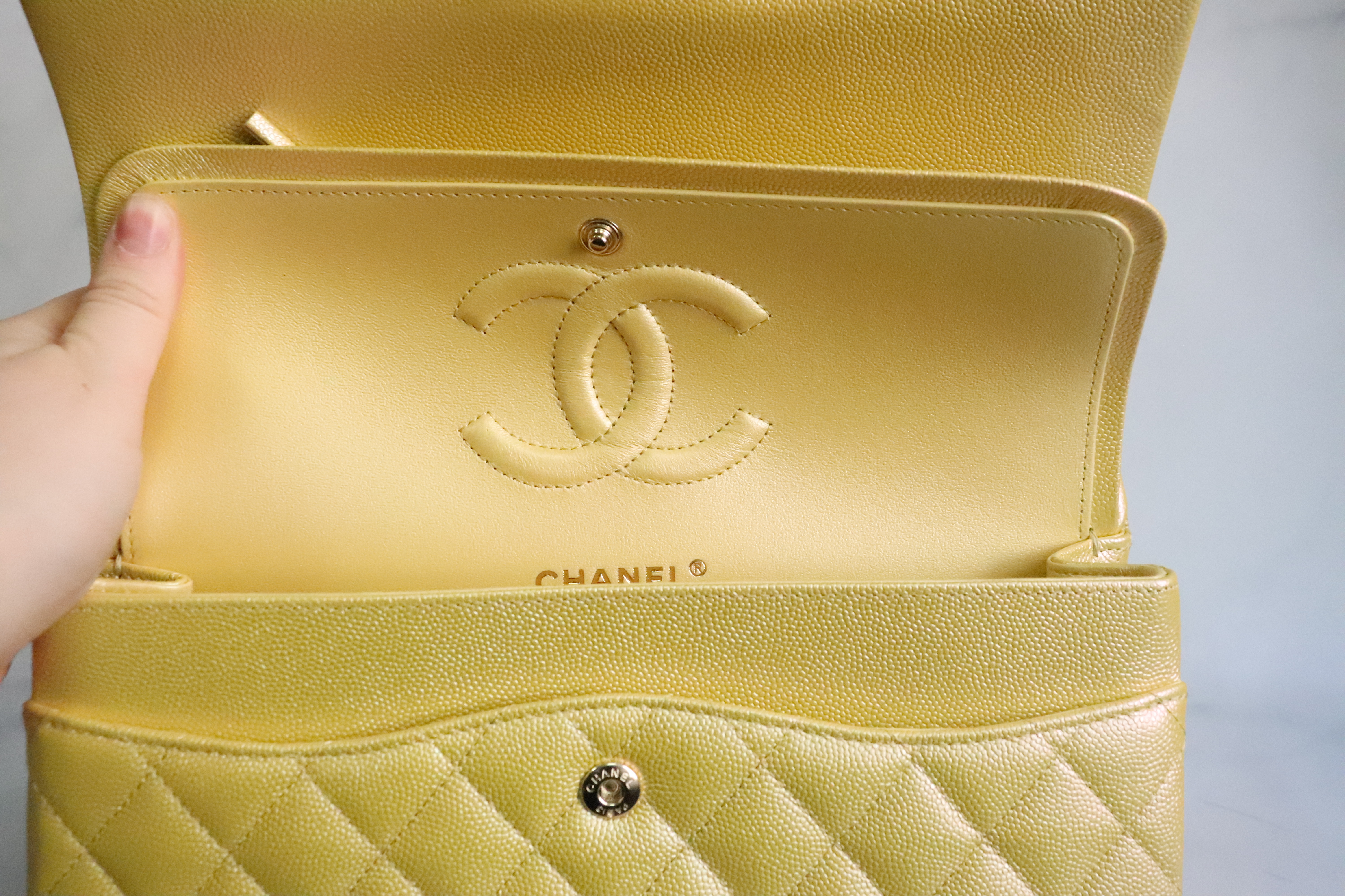 Chanel Classic Medium Double Flap, 22P Iridescent Yellow Gold Caviar  Leather, Gold Hardware, New in Box