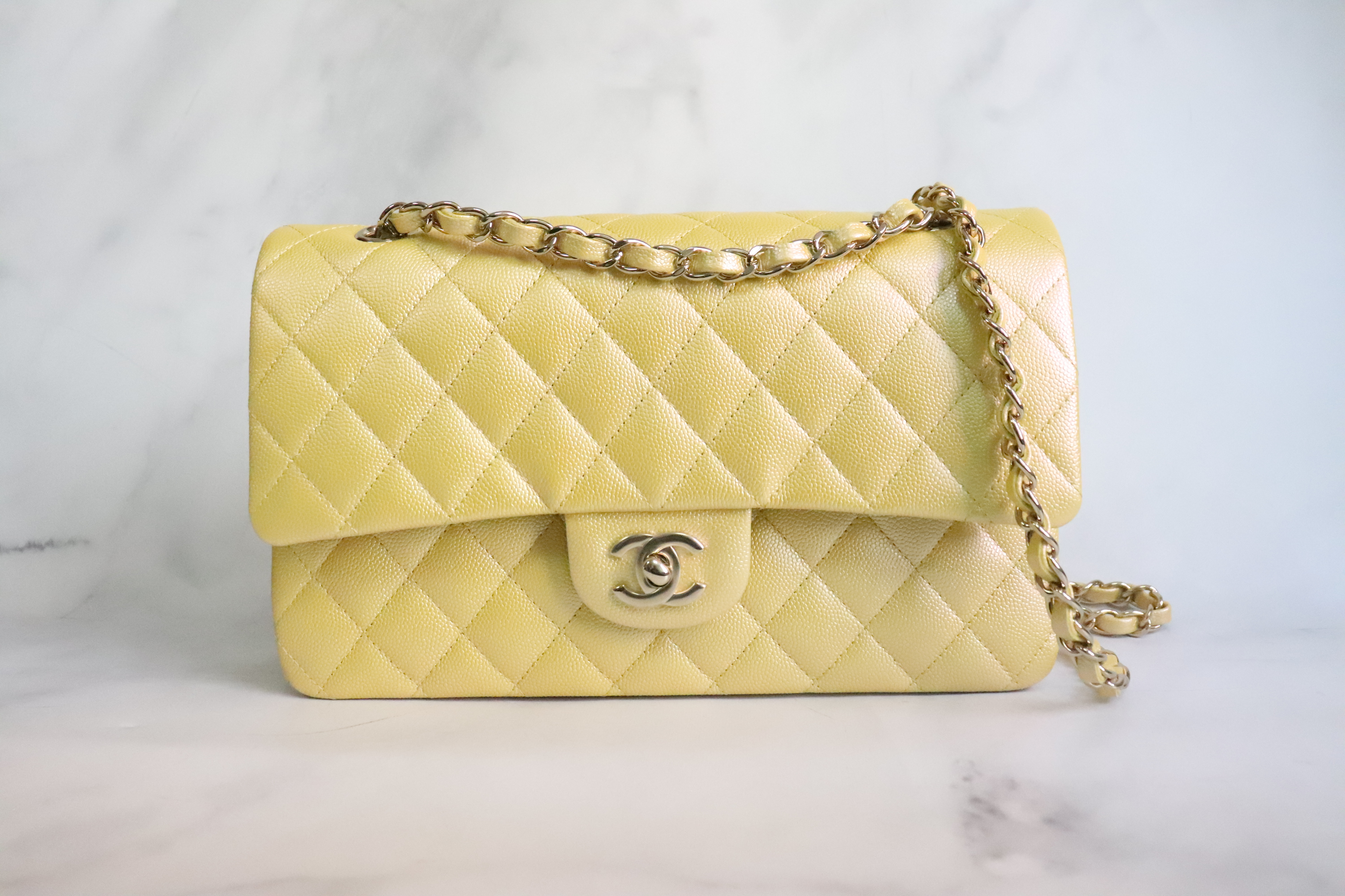 Chanel Classic Medium Double Flap, 22P Iridescent Yellow Gold Caviar  Leather, Gold Hardware, New in Box