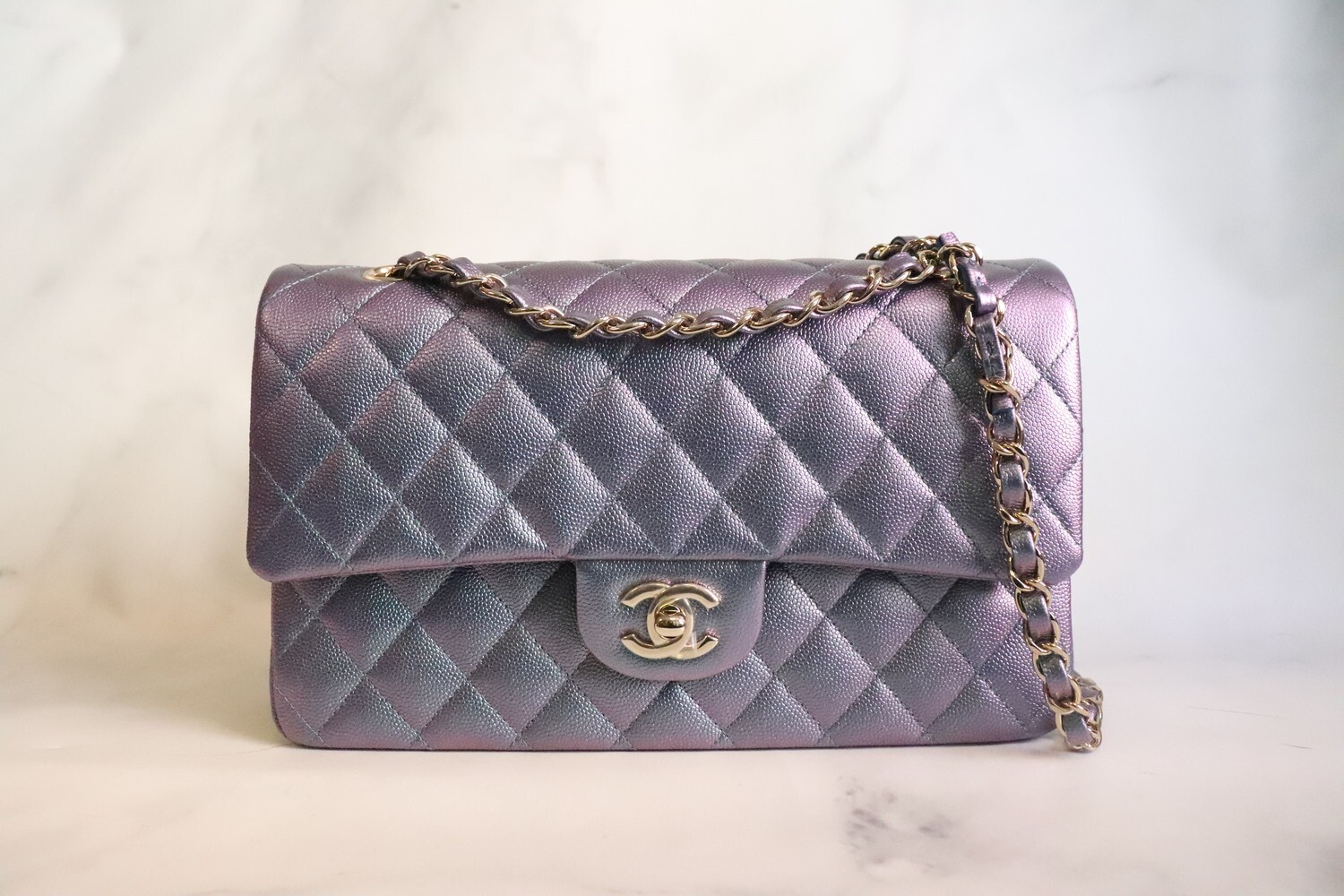 Chanel Classic Medium Double Flap, 22P Iridescent Purple Caviar Leather, Gold Hardware, New in Box P