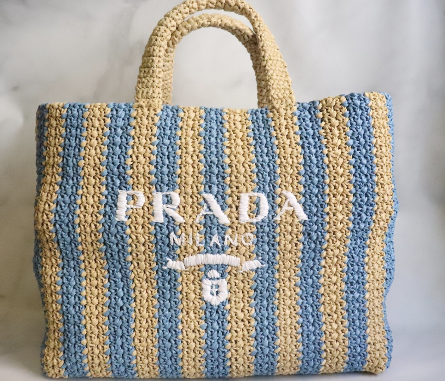 Prada Raffia Tote Bag, Blue Strap, New in Dustbag WA001