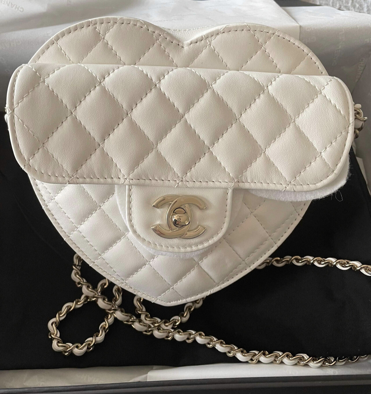 Chanel Heart Bag, Large, White Lambskin Leather, Gold Hardware, New in Box  GA001