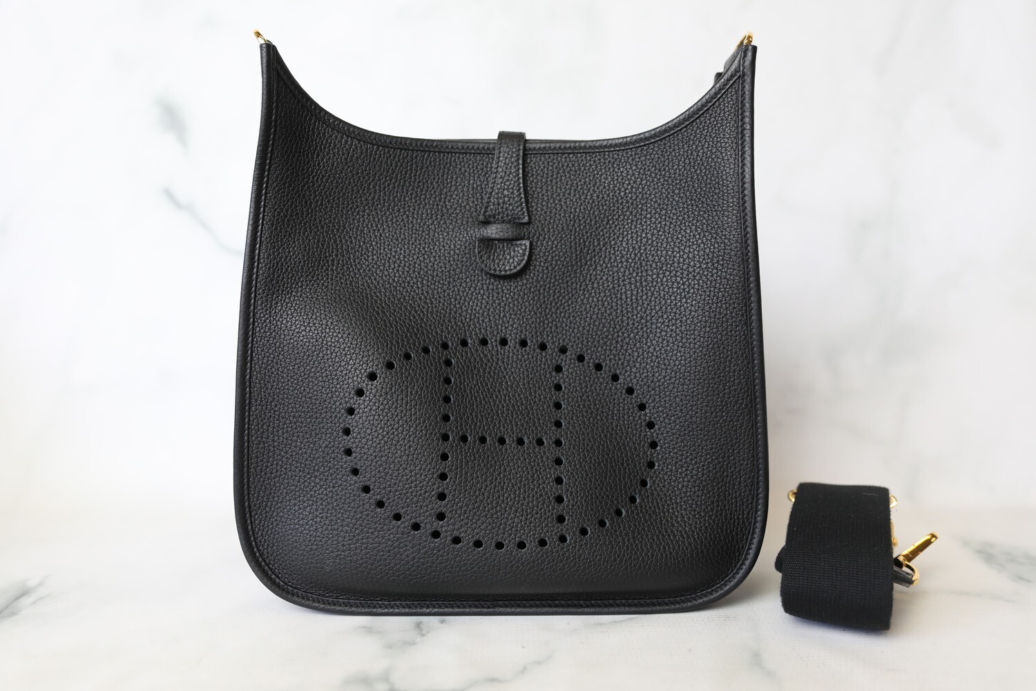 Hermes Evelyne PM, Black with Gold Hardware, Preowned in Box WA001