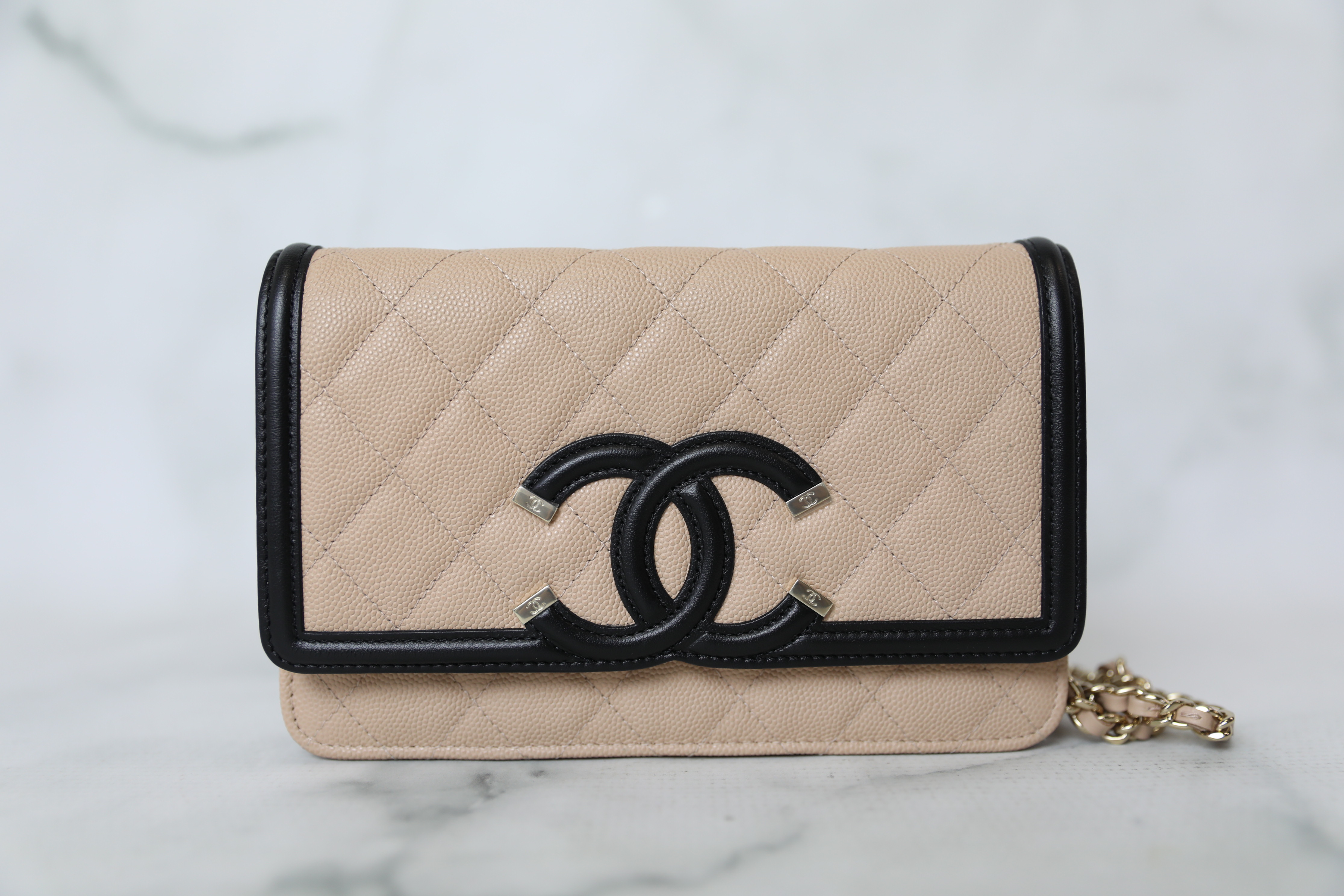 Chanel Filigree Wallet on Chain, Beige and Black, Preowned in Box