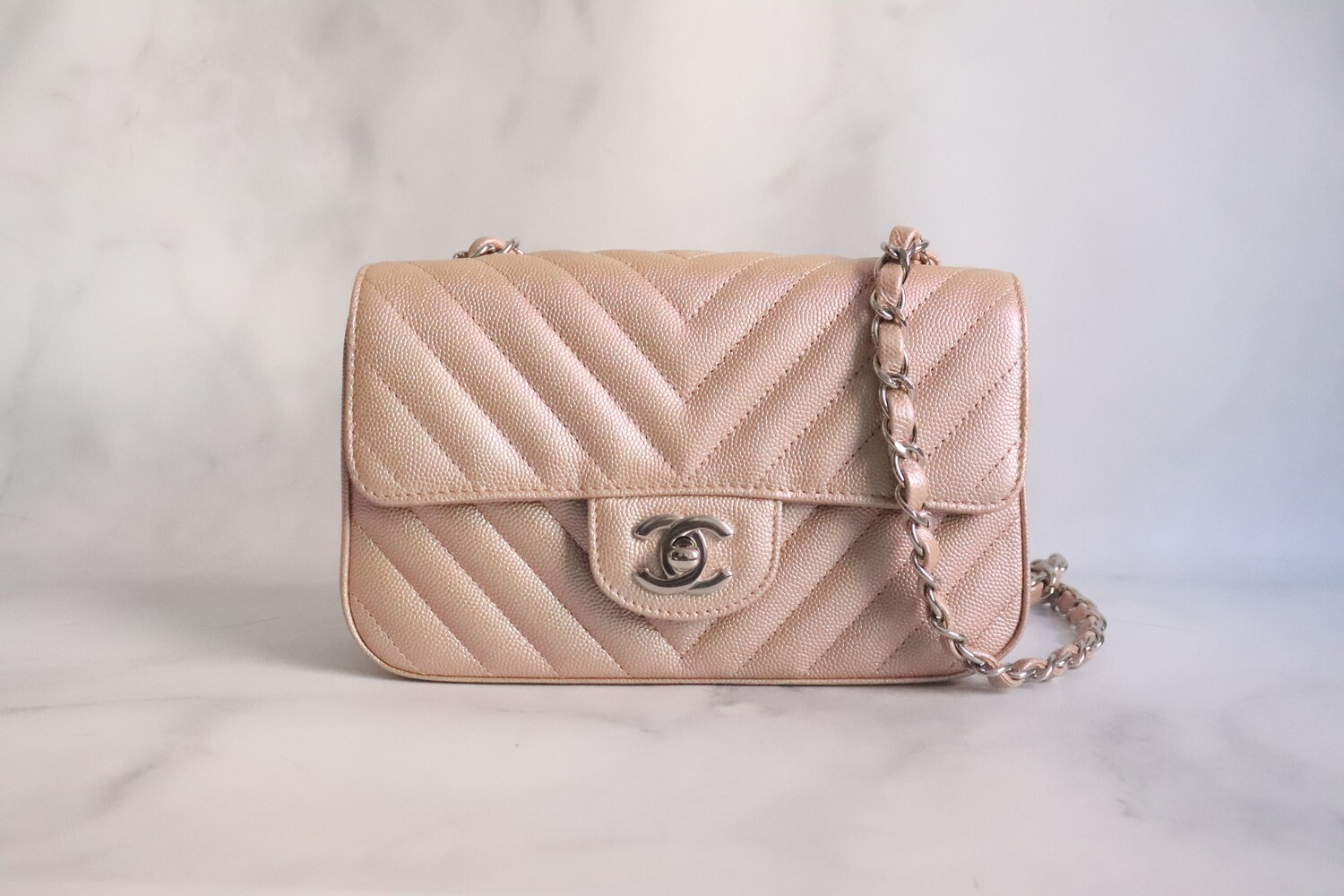 Chanel Iridescent Rose Gold Chevron Quilted Caviar Mini Flap