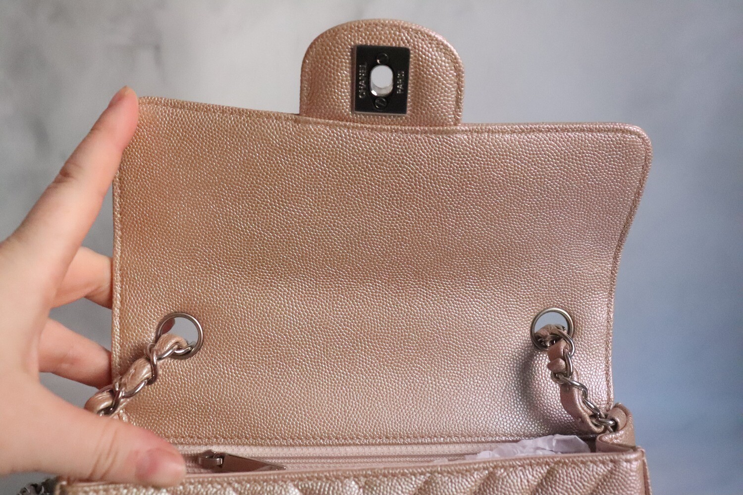 Chanel Mini 17B Rose Gold Caviar Leather, Silver Hardware