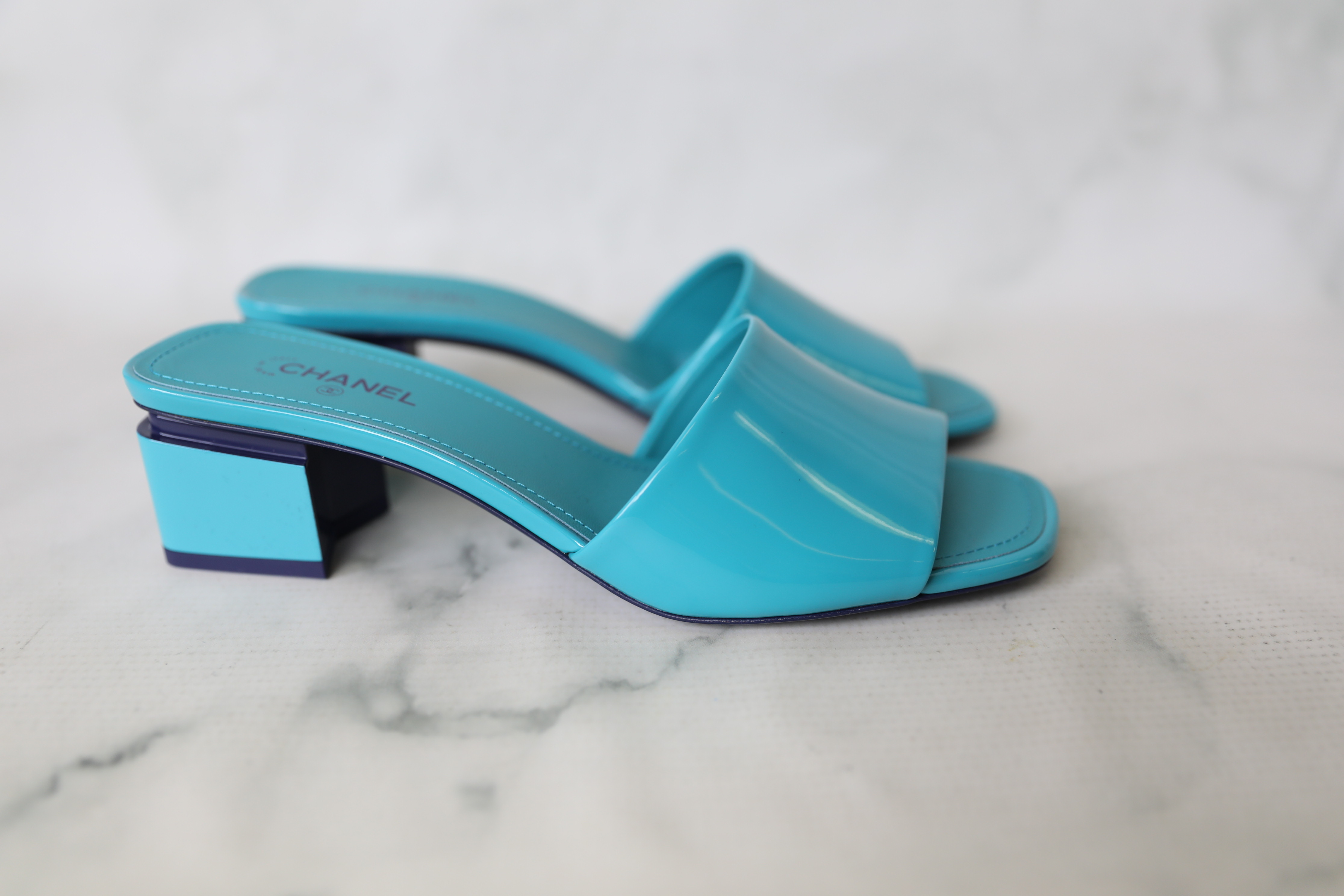 Chanel Shoes Slide Mules with Mid Heel, Blue, Size 38.5, New in Box WA001