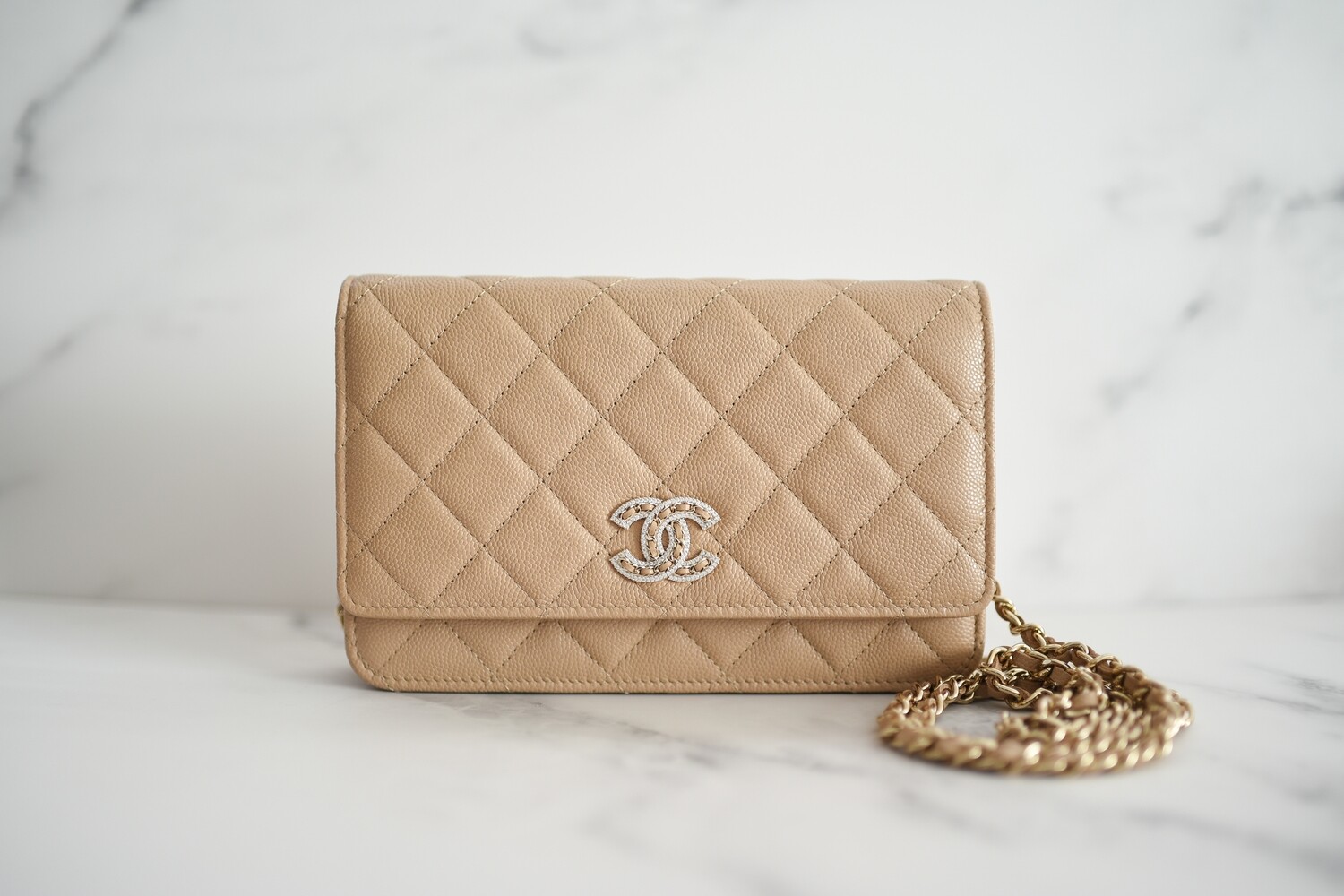Chanel Wallet on Chain with Rhinestone CC, Beige Caviar Leather with Gold  Hardware, New in Box GA001