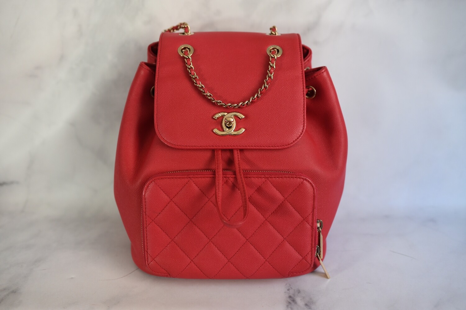 Chanel Business Affinity Backpack, Coral Red Caviar Leather with Gold Hardware, Preowned in Dustbag