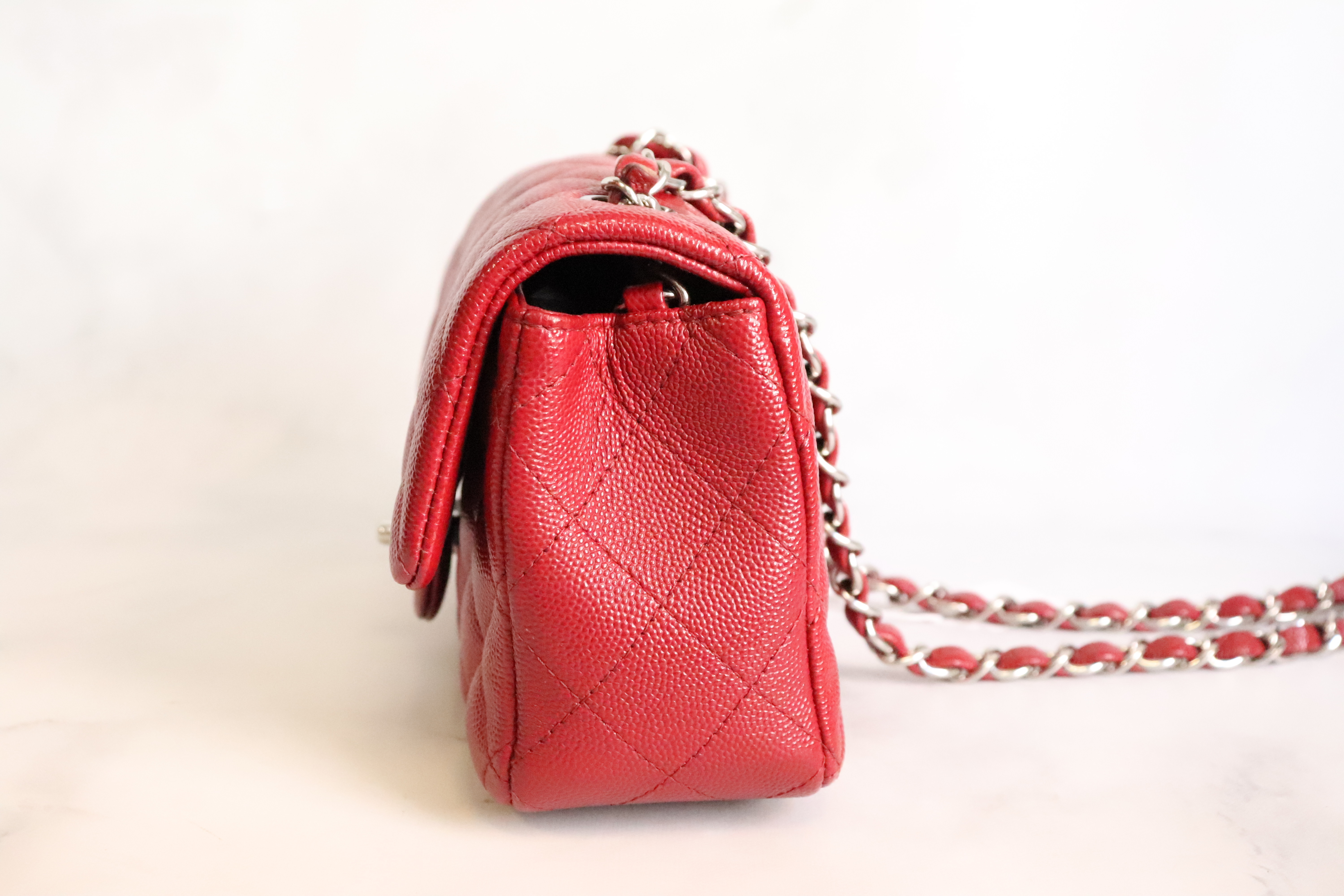 Chanel Mini Rectangle, 17B Red Caviar Leather with Silver Hardware