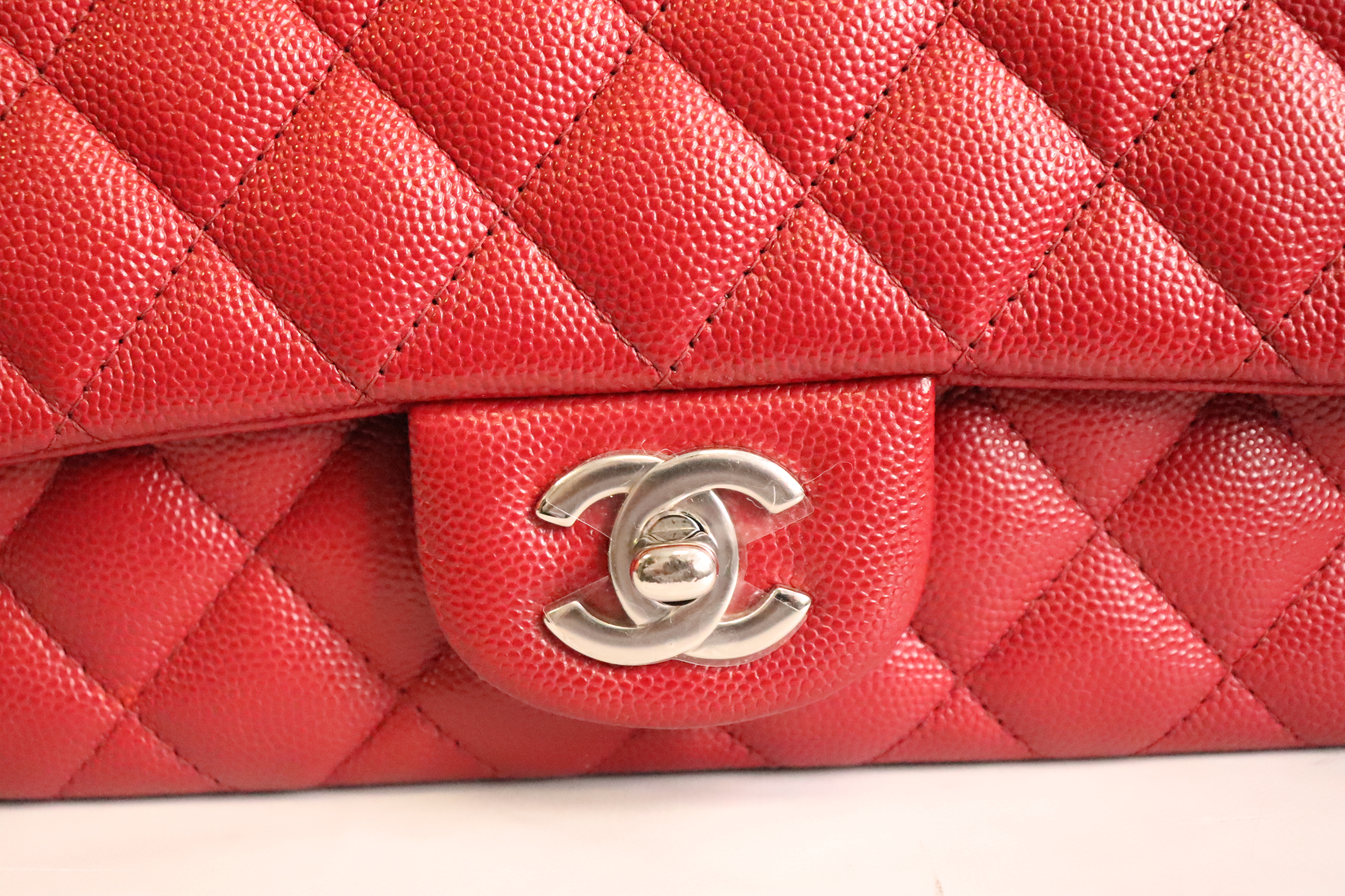 18B Raspberry Red Caviar Quilted Mini Rectangular Single Flap with Silver  Hardware
