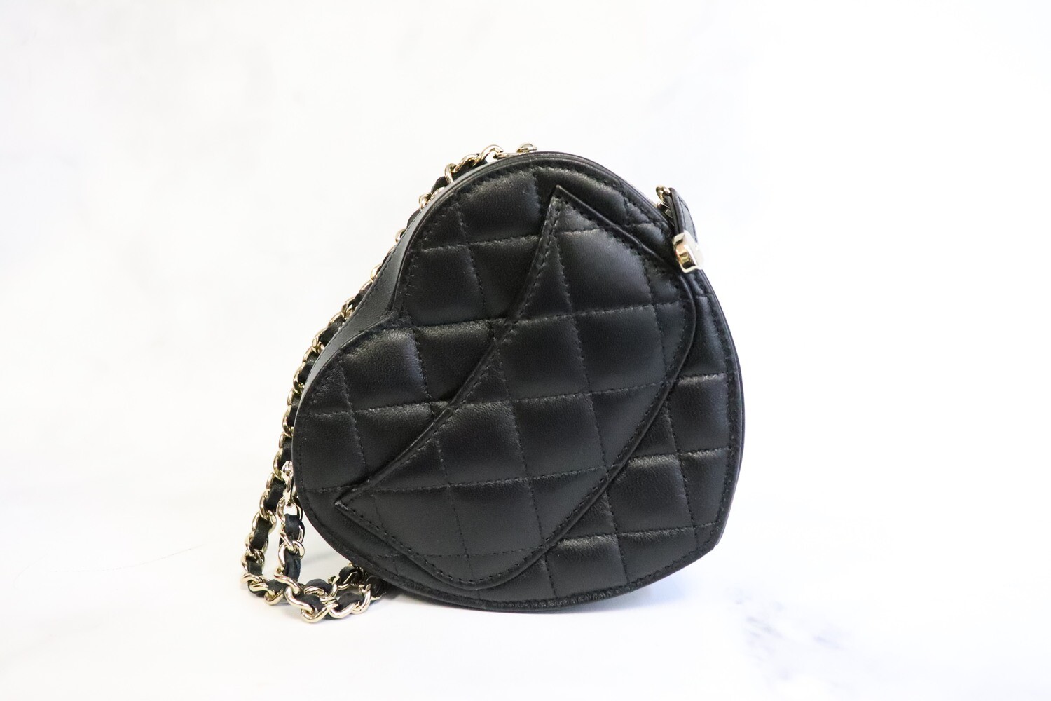 Chanel Heart Bag, Clutch on Chain, Black Lambskin Leather, Gold Hardware, New
