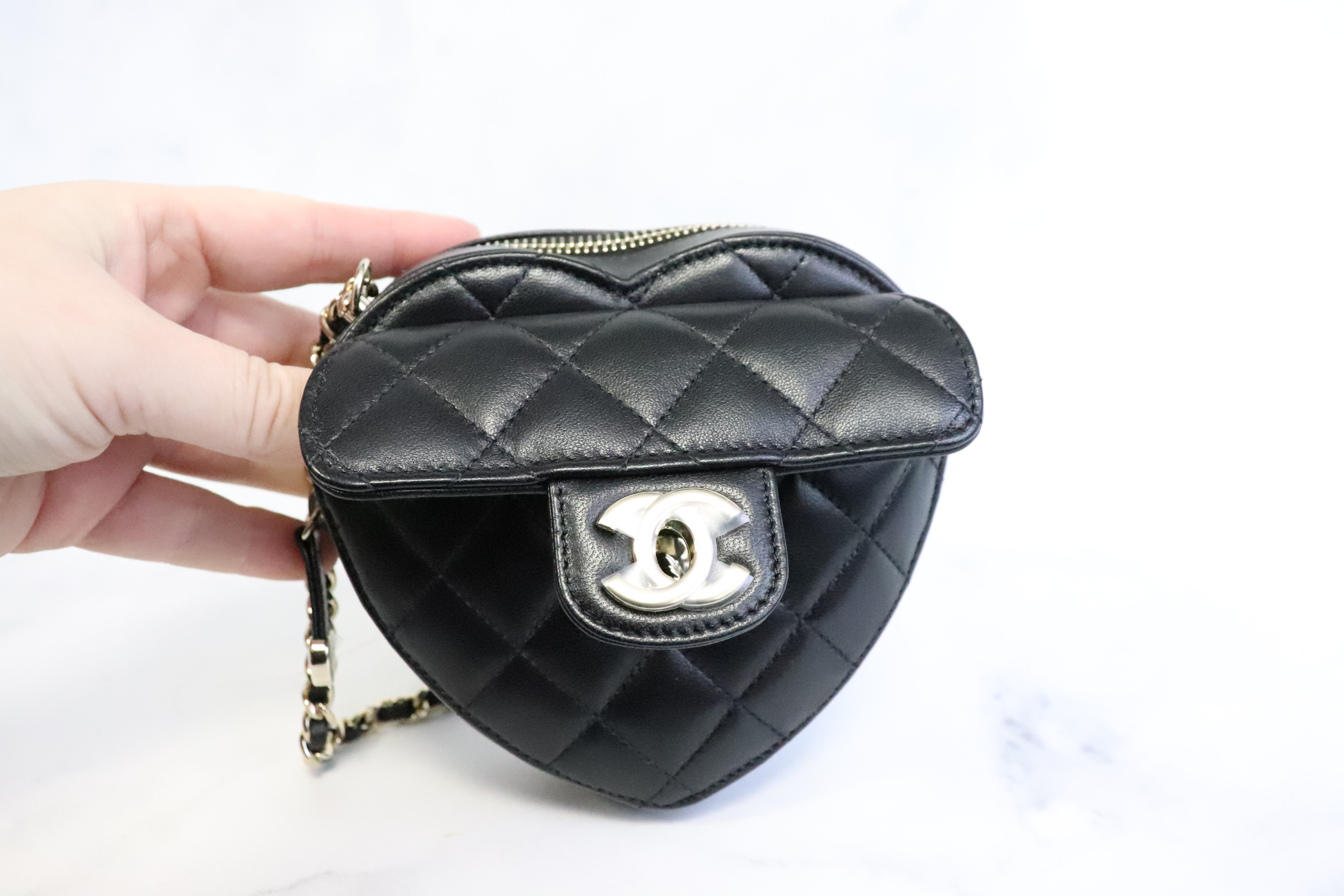 Chanel Heart Bag, Clutch on Chain, Black Lambskin Leather, Gold
