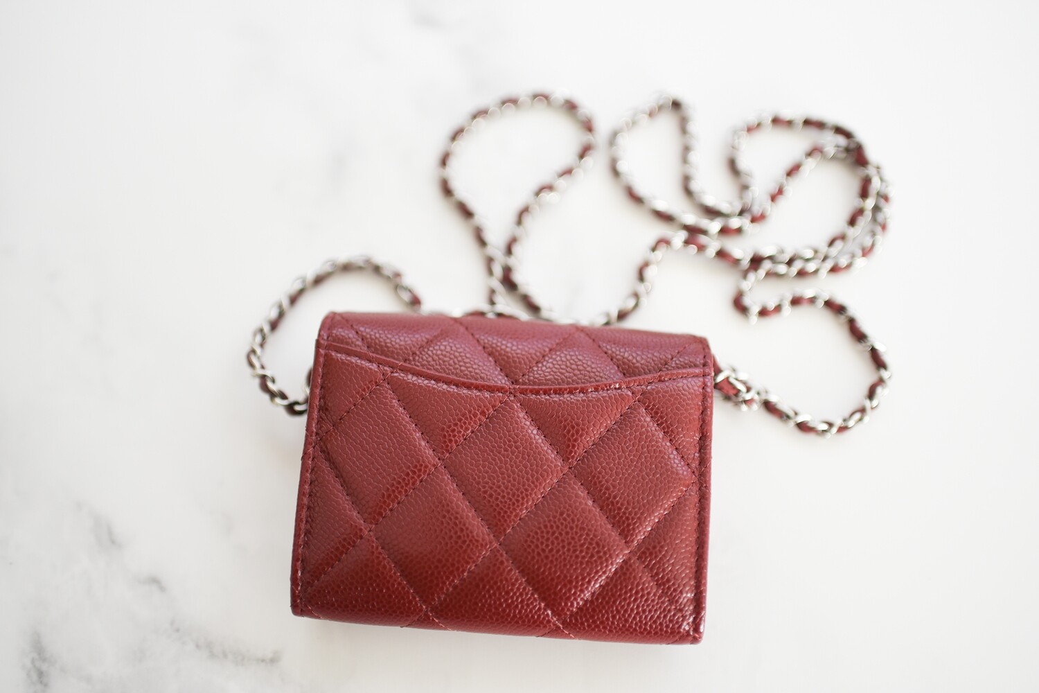 Chanel SLG Card Holder With Chain, Burgundy Caviar Leather, Gold