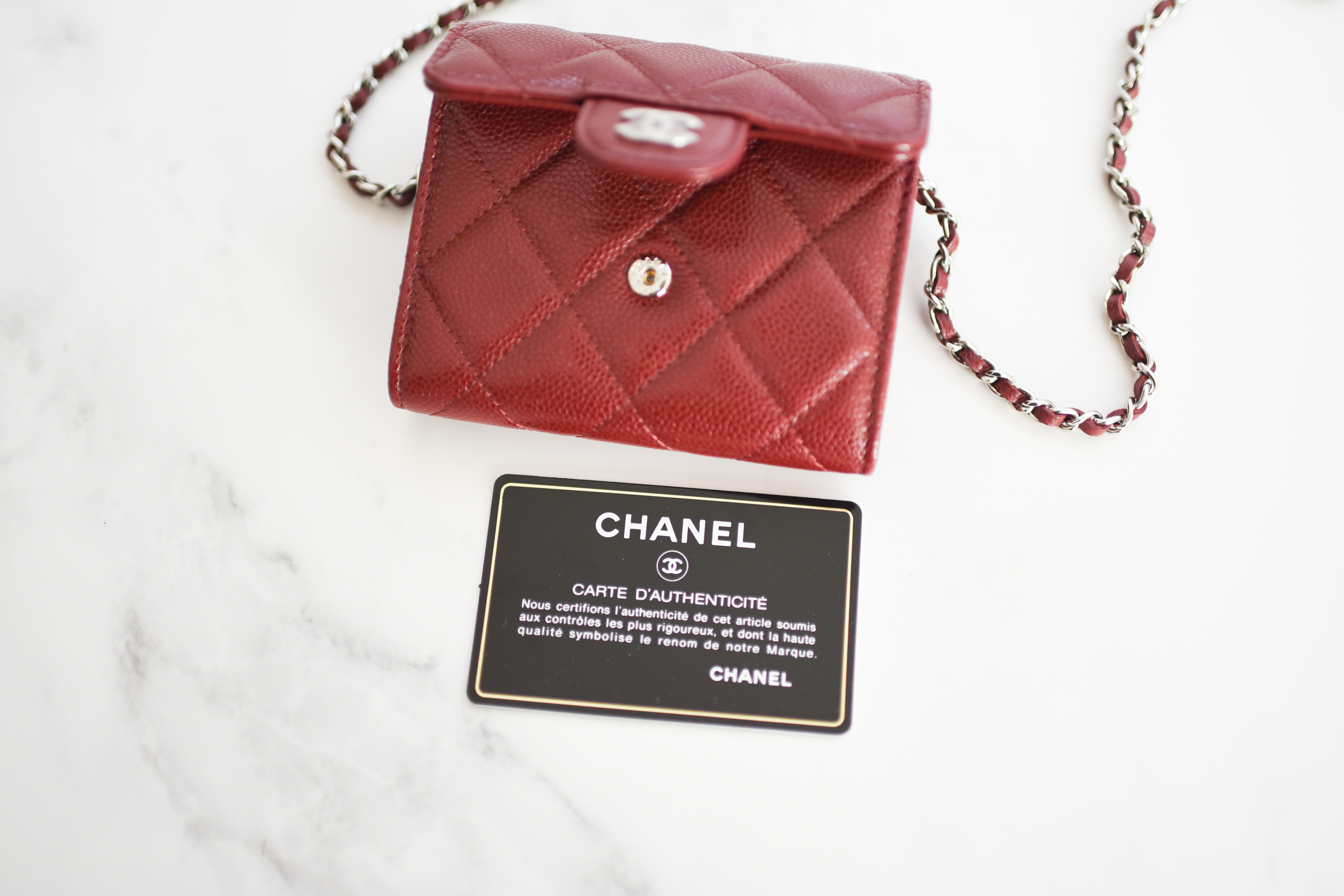 Chanel SLG Card Holder With Chain, Burgundy Caviar Leather, Gold Hardware,  New in Box - Julia Rose Boston