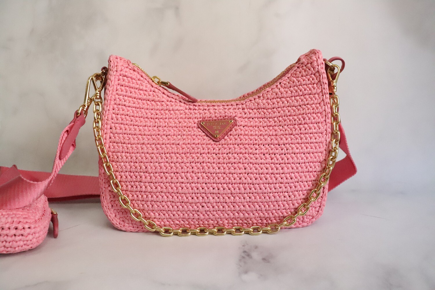 Prada Re Edition Multi Pochette Pink Raffia New in Dustbag MA001