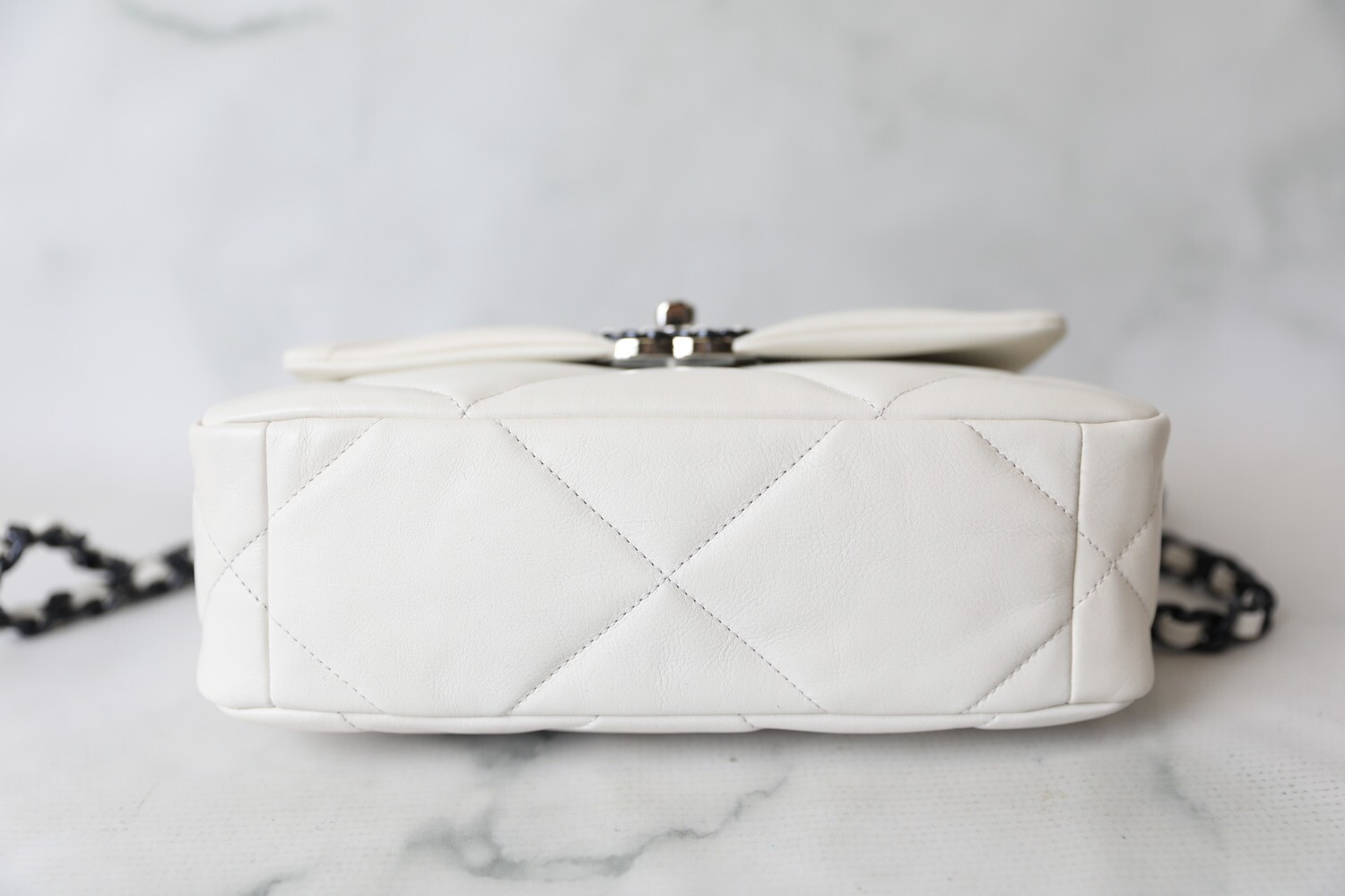 Chanel 19 Small, White Leather with Black/Dark Blue Hardware