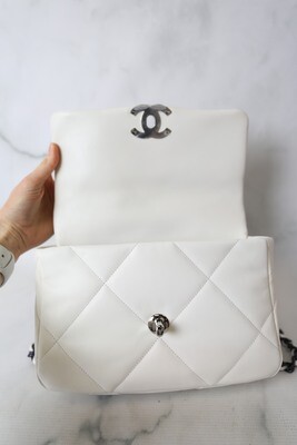 Chanel 19 Small, White Leather with Black/Dark Blue Hardware