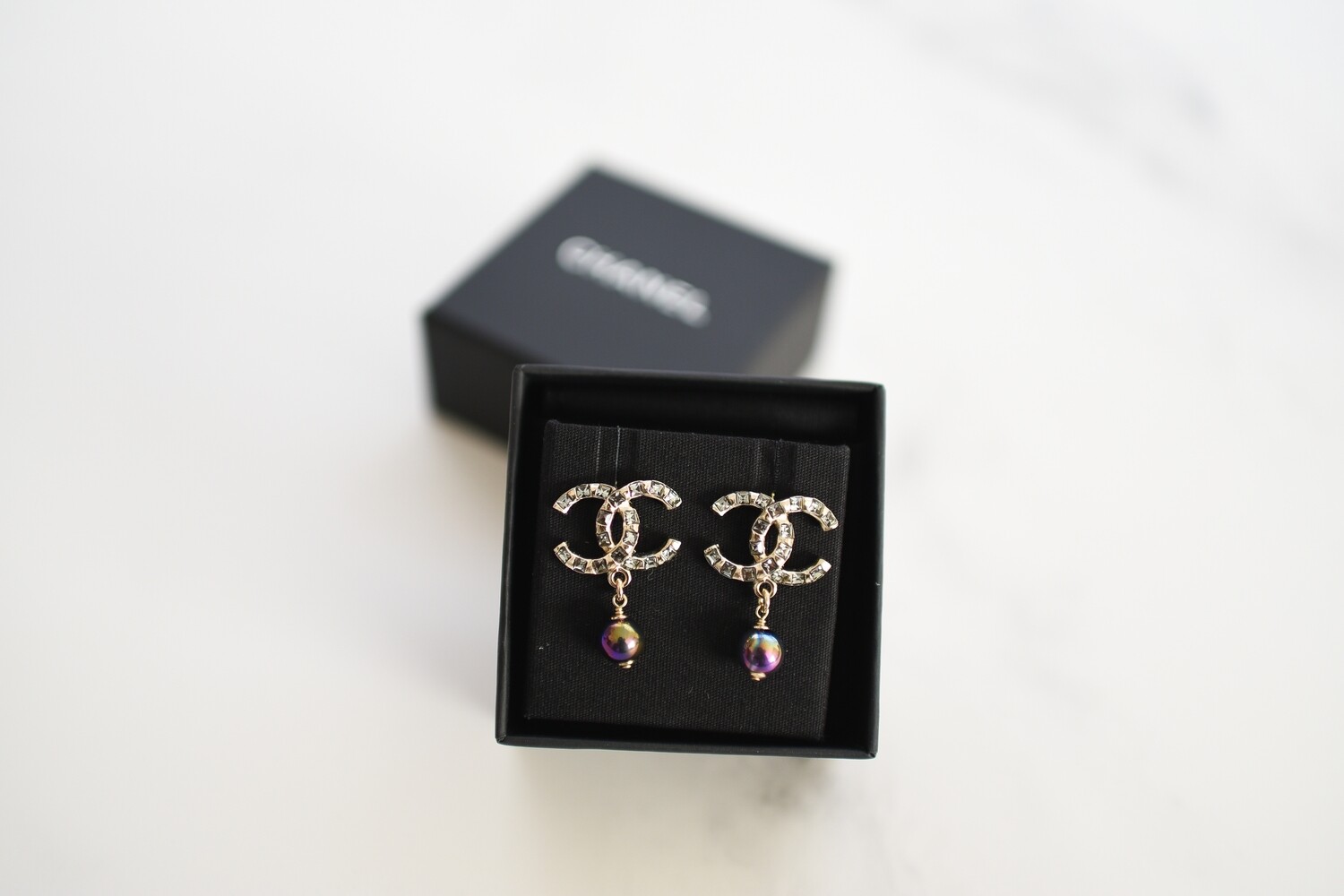 Chanel Earrings Pearl Drop Earrings with Crystals and Black Stones, New in  Box GA001