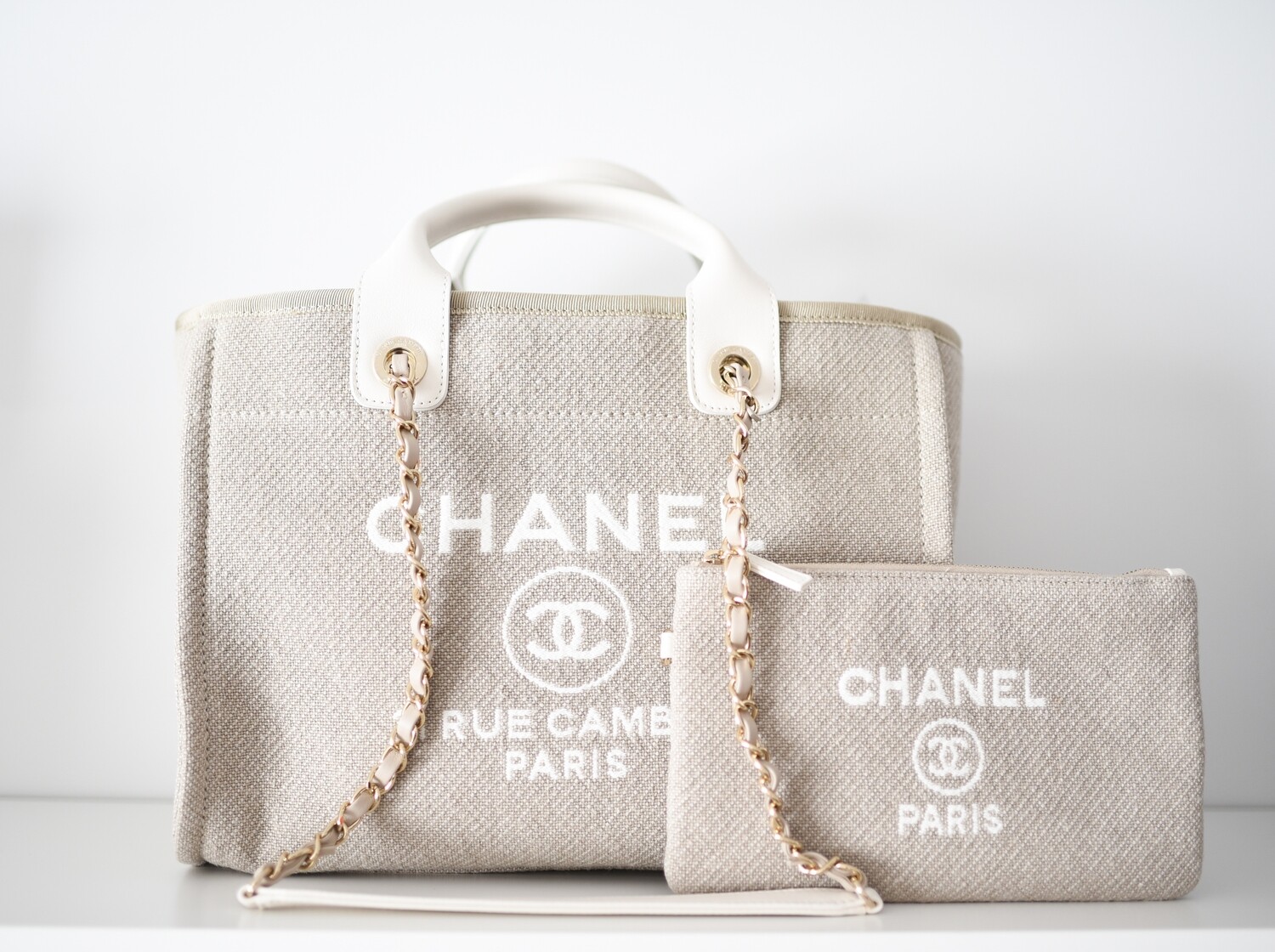 Chanel Deauville Small/Medium with Handles and Pouch, Beige with Light Gold  Hardware, New in Box GA001