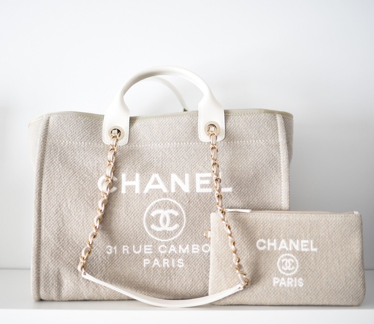 Chanel Canvas Large Deauville Tote Ivory Beige Nude Handles – Coco