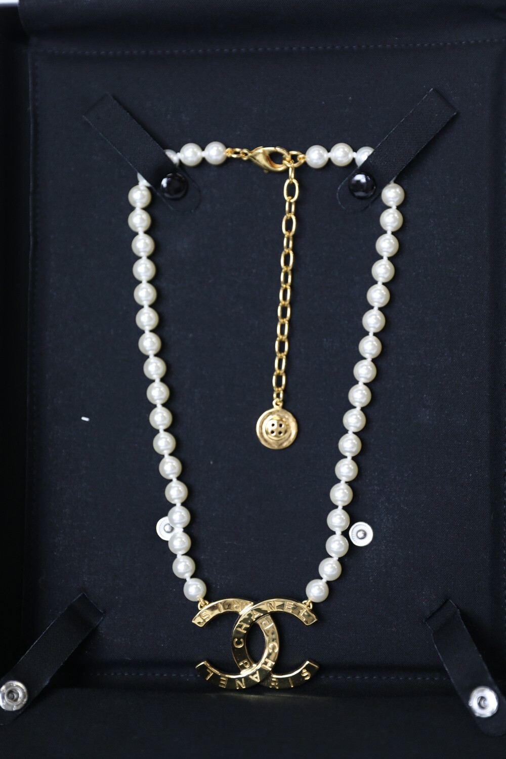Chanel Necklace, Pearls with Golden CC and Button, Preowned in Box