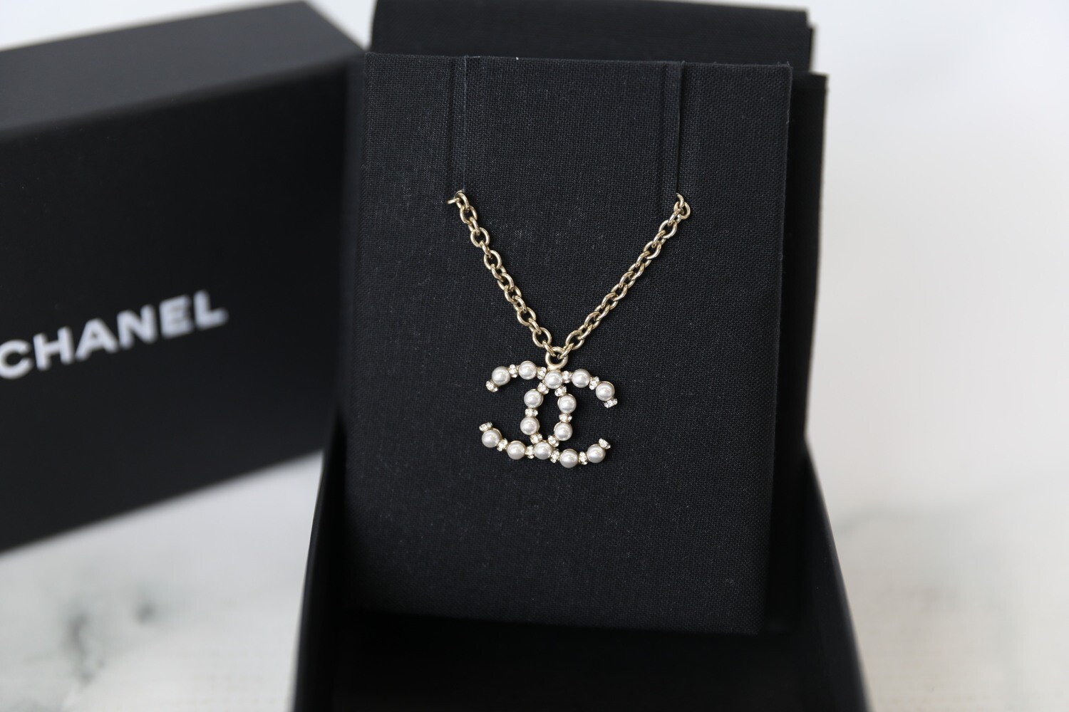 Chanel Necklace, Pearl and Crystal, Golden, New in Box WA001