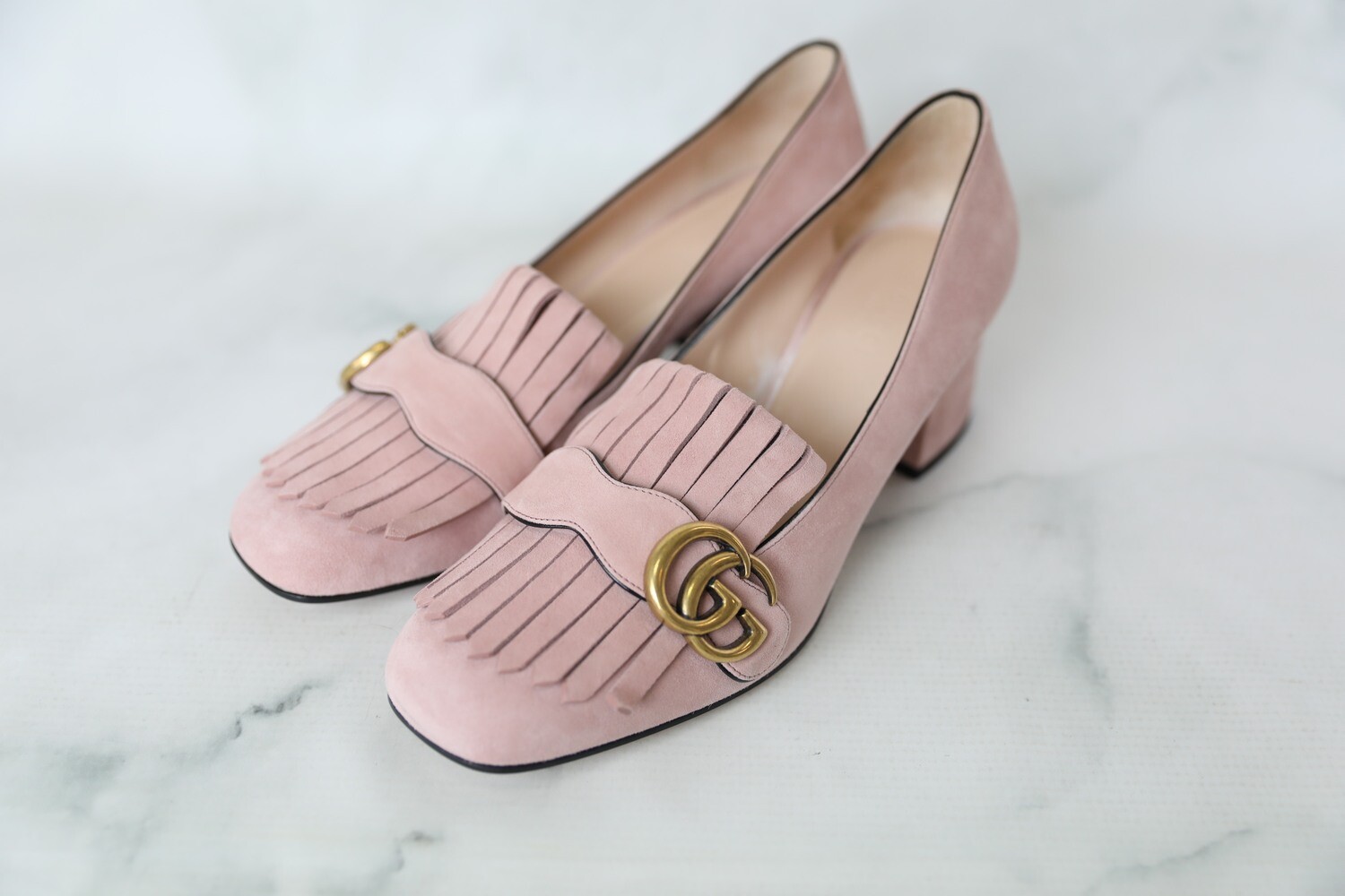 Gucci, Shoes, Gucci Gg Marmont Malaga Kid Pink Leather Womens Loafers