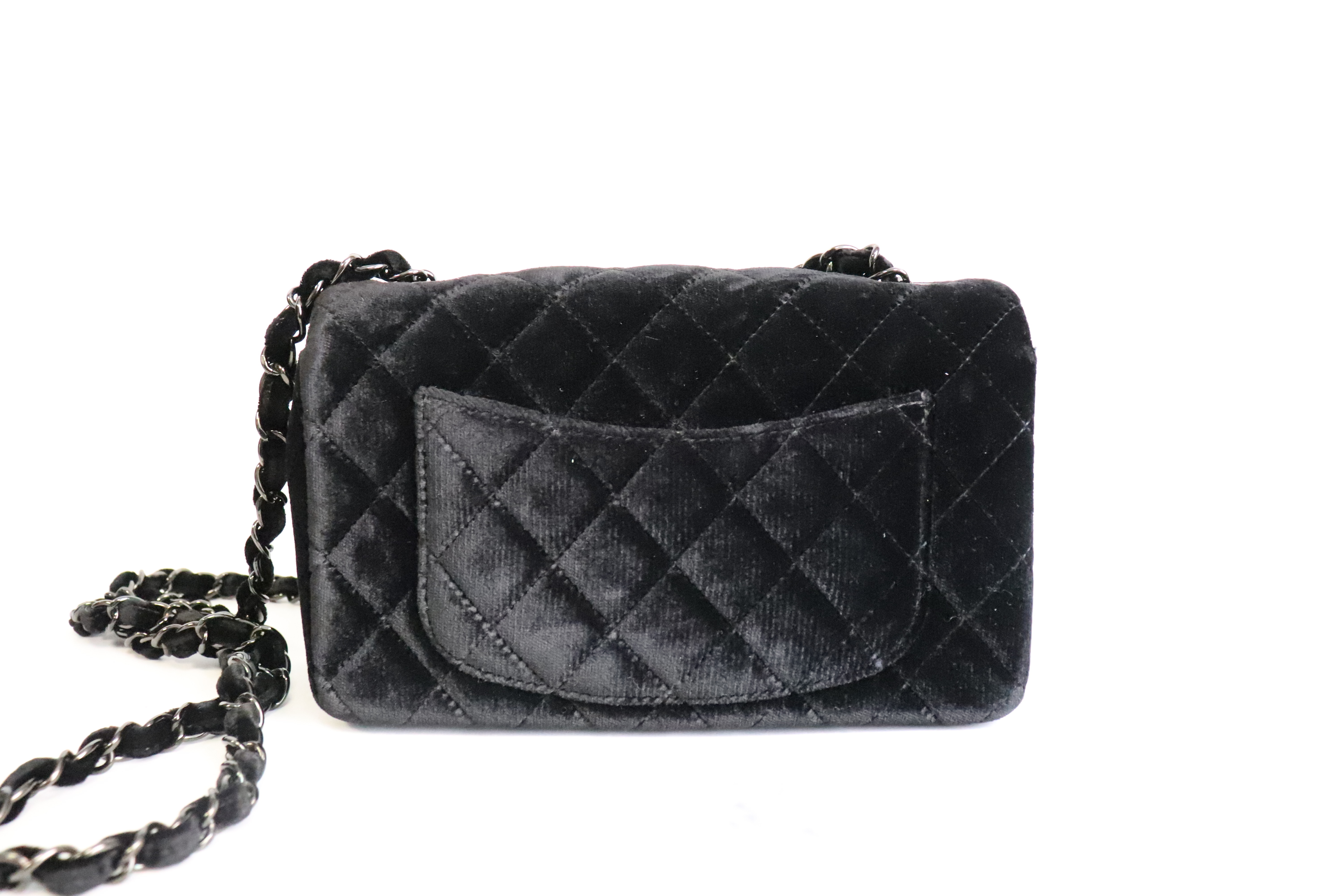 Chanel Mini Rectangle, Black Velvet, Black Hardware, Preowned in Dustbag