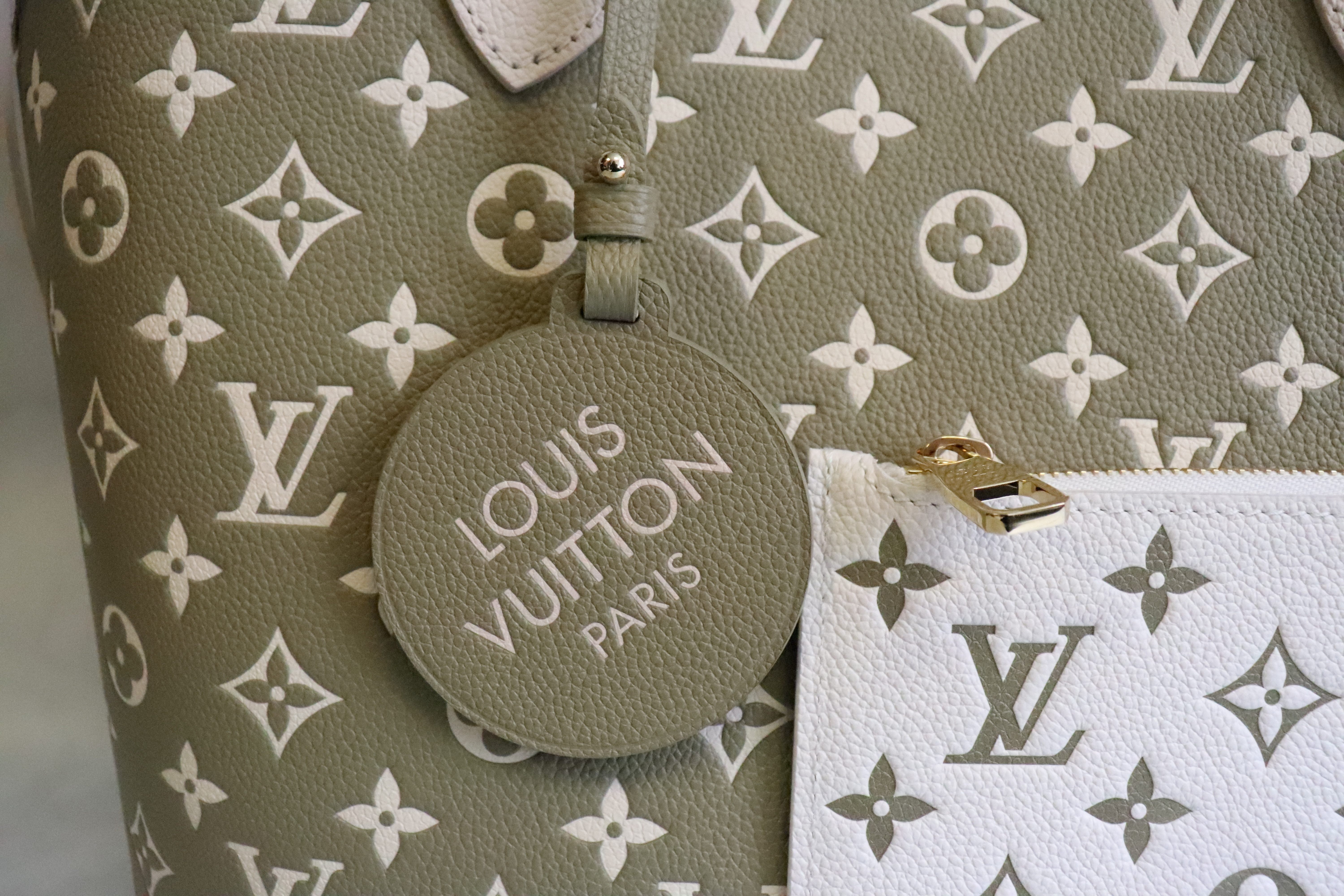 Louis Vuitton Neverfull MM with Pouch, Empreinte Leather Khaki and Beige,  New in Dustbag - Julia Rose Boston
