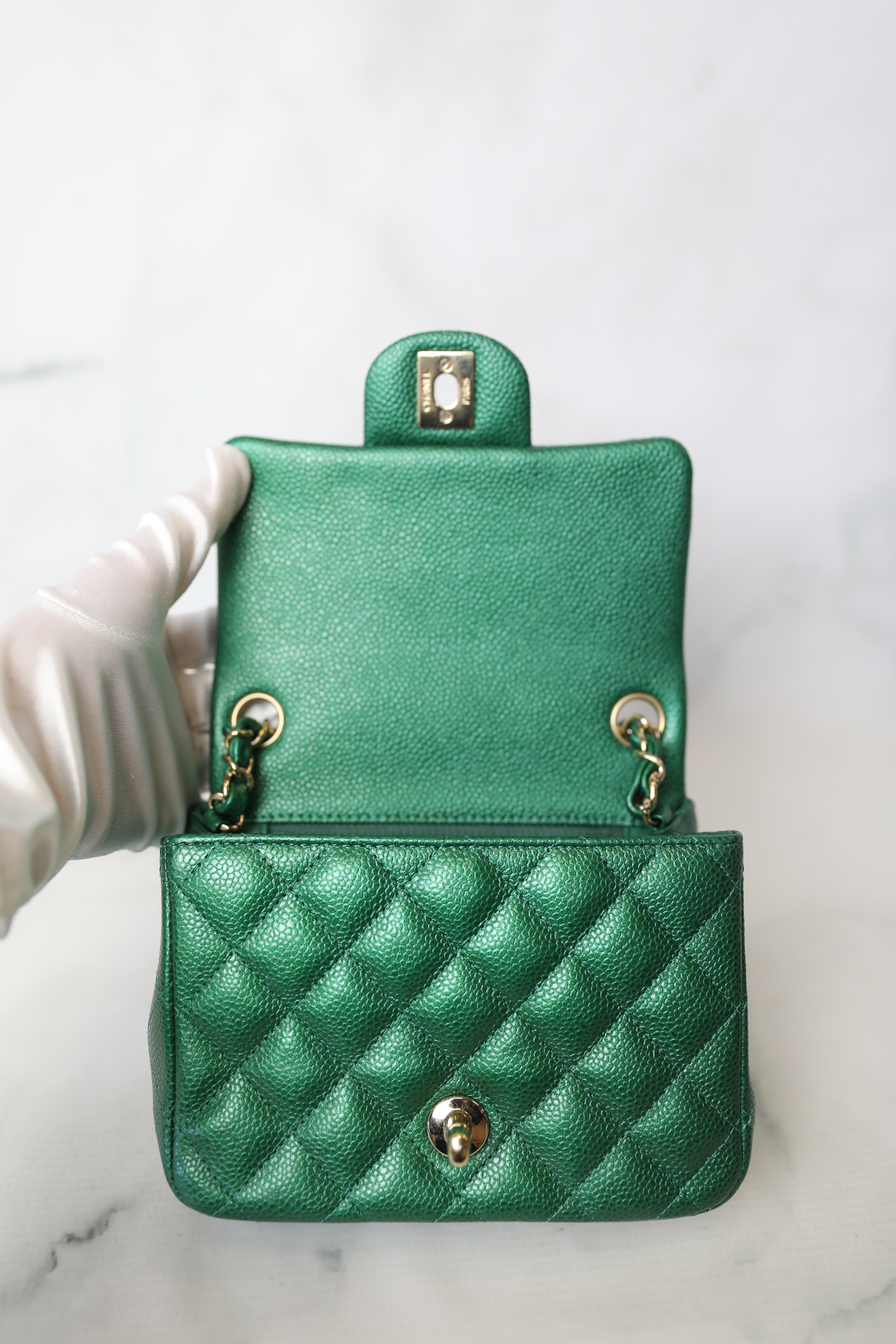 Chanel Classic Mini Square, 18S Emerald Green Cavwith Gold Hardware,  Preowned in Box WA001 - Julia Rose Boston