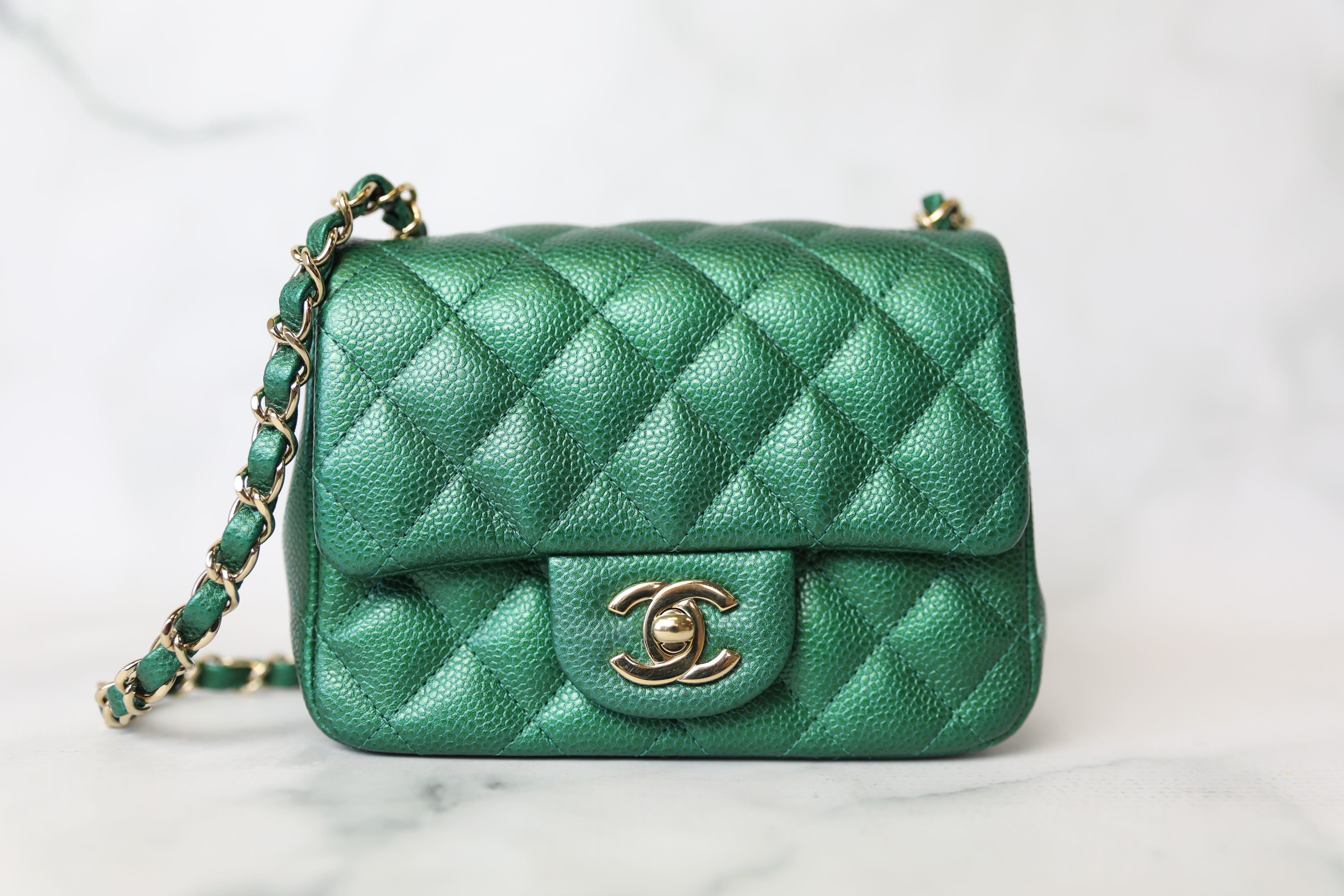 Chanel Classic Mini Square, 18S Emerald Green Cavwith Gold Hardware,  Preowned in Box WA001 - Julia Rose Boston