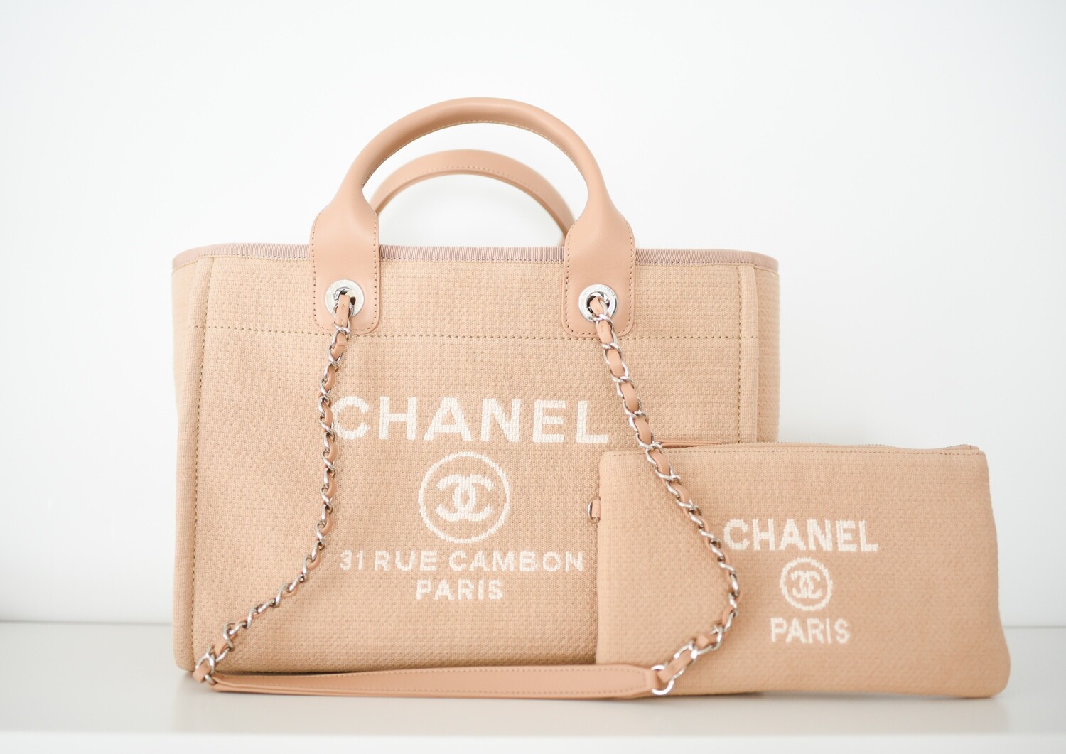 Chanel Deauville Small/Medium with Handles and Pouch, Beige with Light Gold  Hardware, New in Box GA001