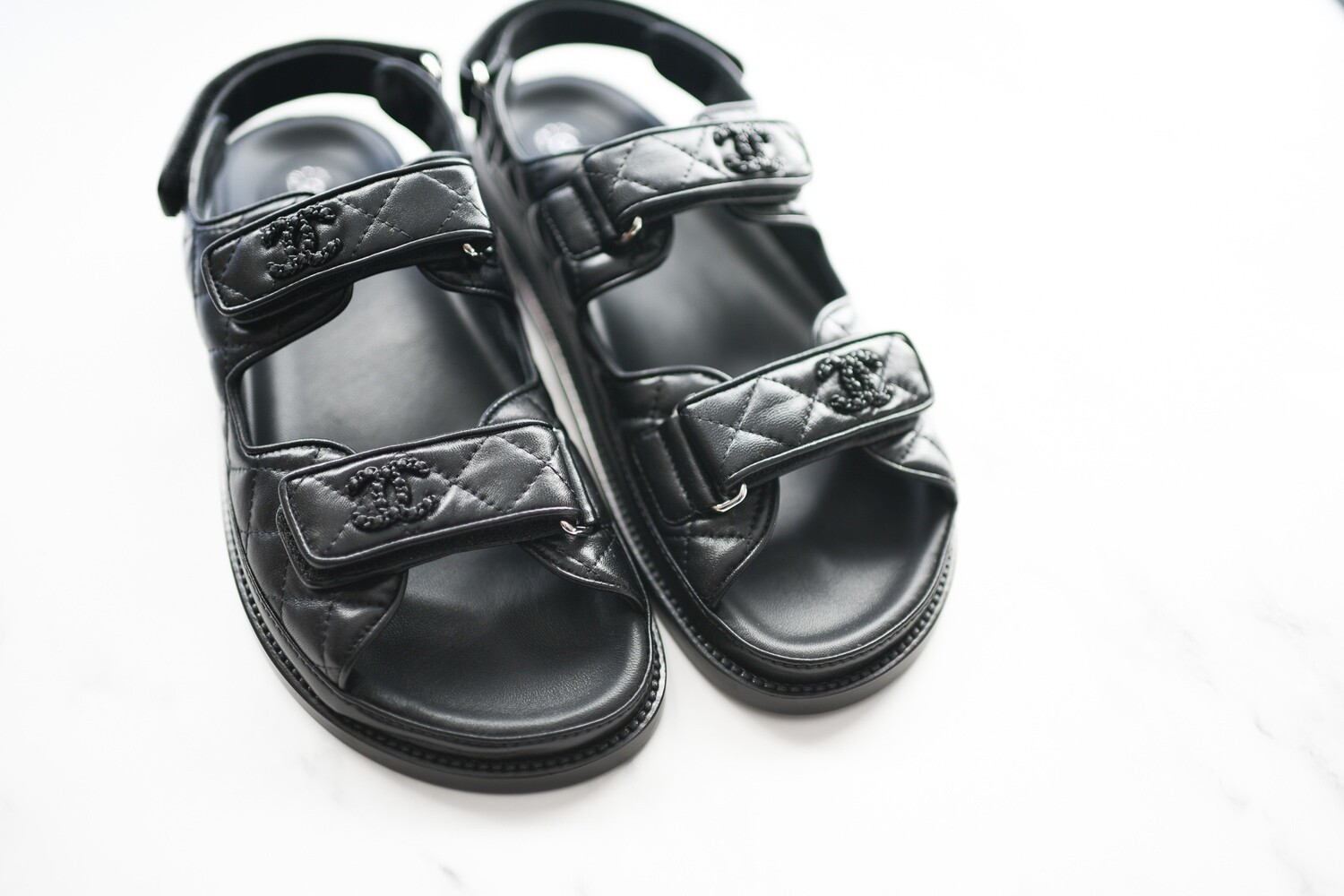 Chanel Shoes Dad Sandals Black Leather with So Black CC, Size 39.5