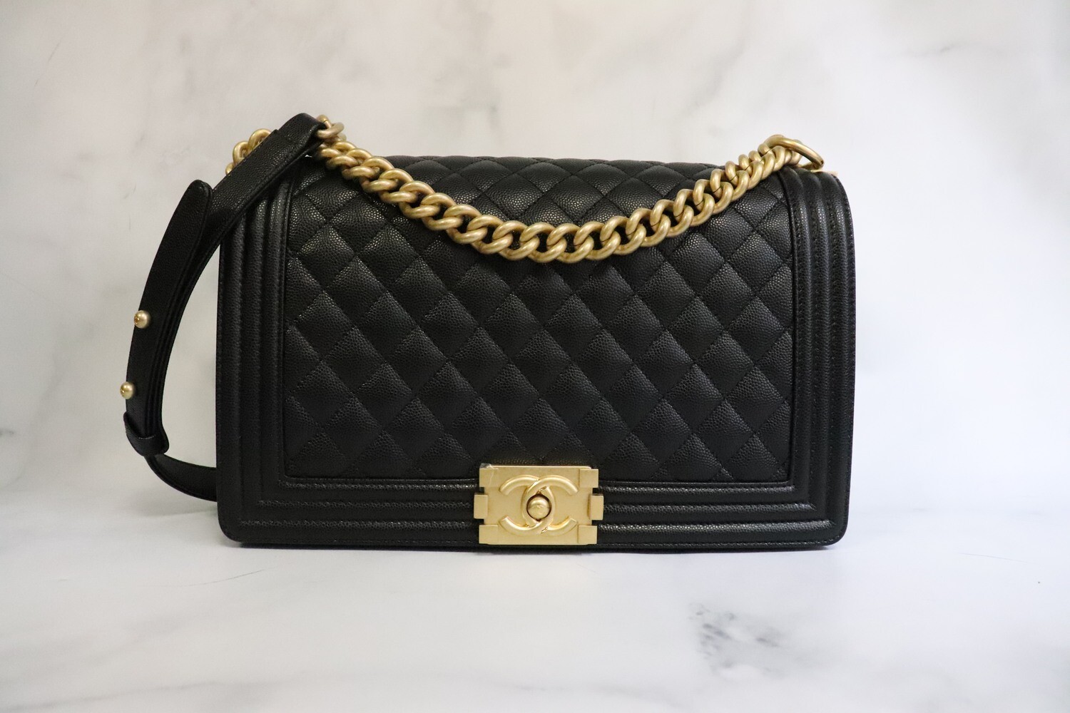 * BOSTON Chanel Boy, Jumbo, Black Caviar Leather, Aged Gold Hardware, New in Box