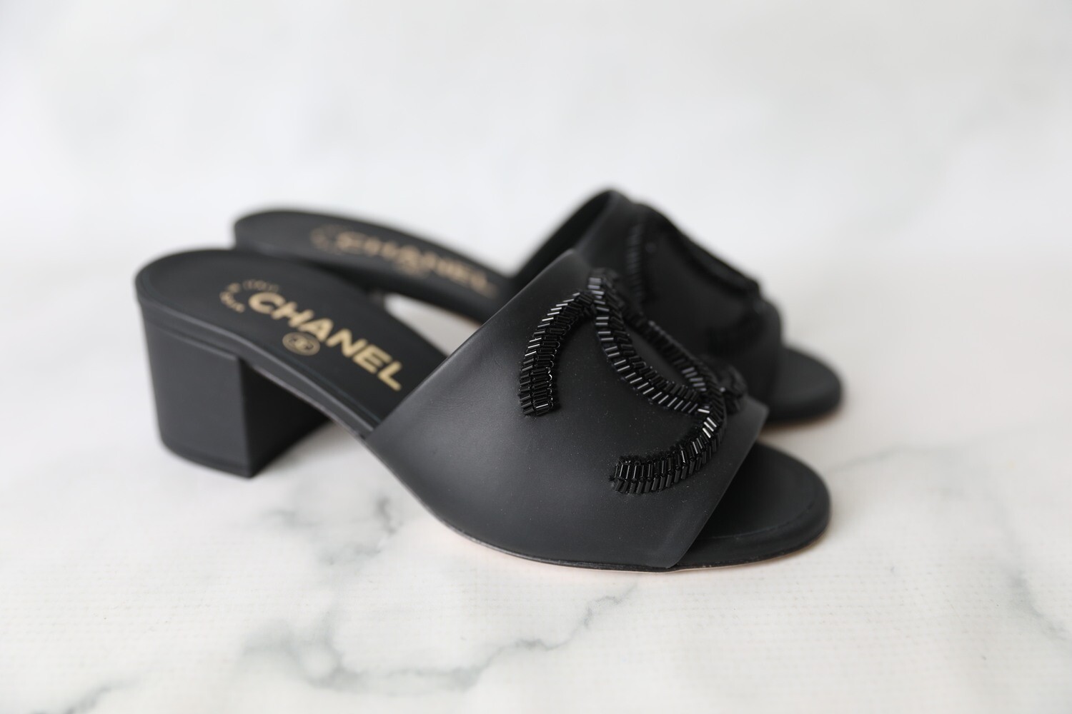 Chanel Shoes Slide Mid Heel Sandals Black, Size 34, New in