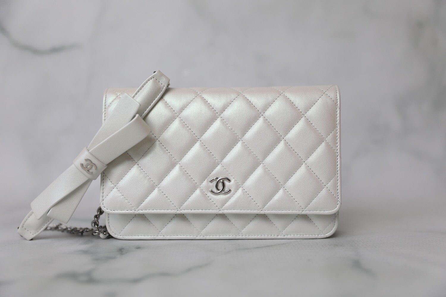 Chanel Classic Wallet on Chain with Bow, Pearl White, Preowned in Box WA001