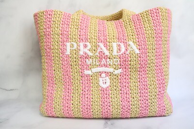 Prada Raffia Tote Bag, Pink Stripe, New in Dustbag GA003