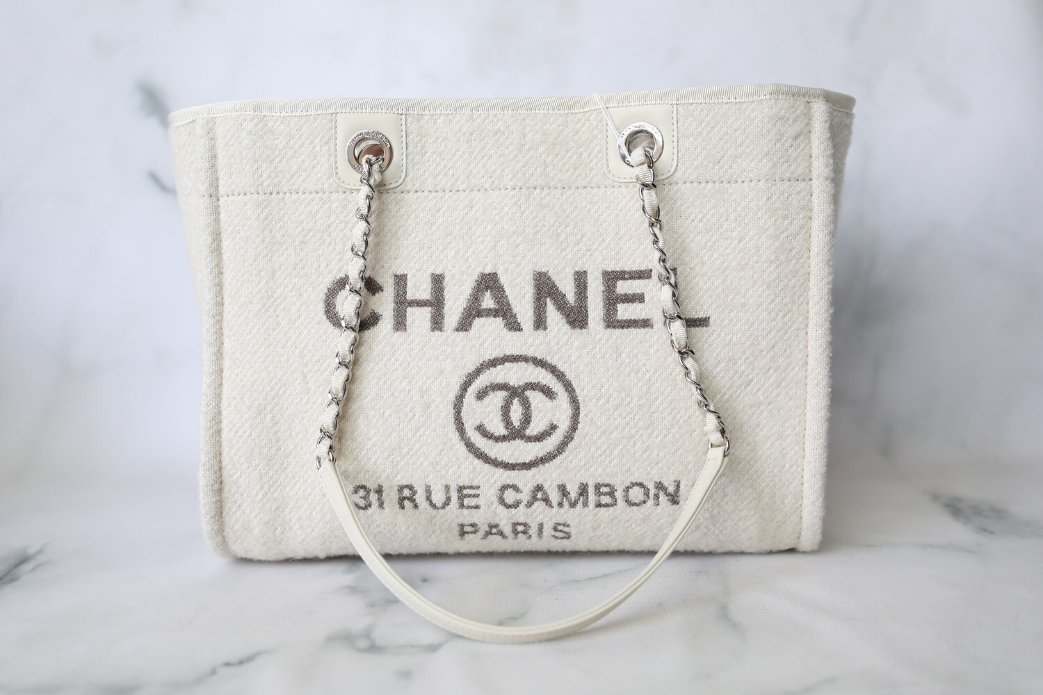 Chanel Deauville Medium, White with Grey, Preowned in Box WA001