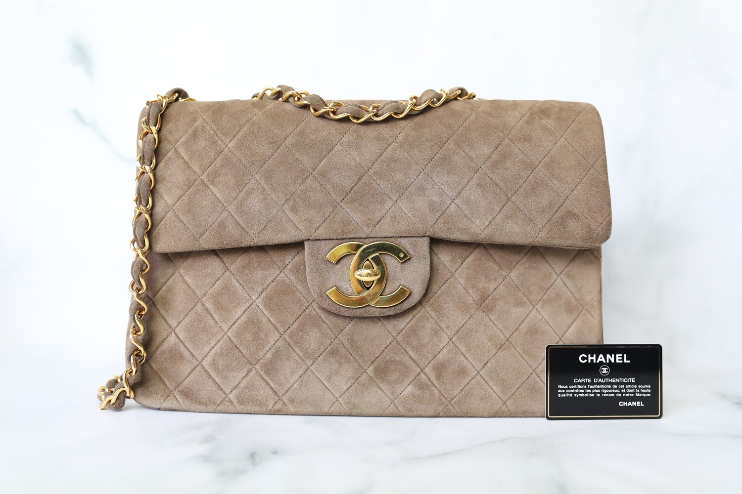 Chanel Vintage Maxi, Tan Suede with Gold Hardware, Preowned in Box WA001