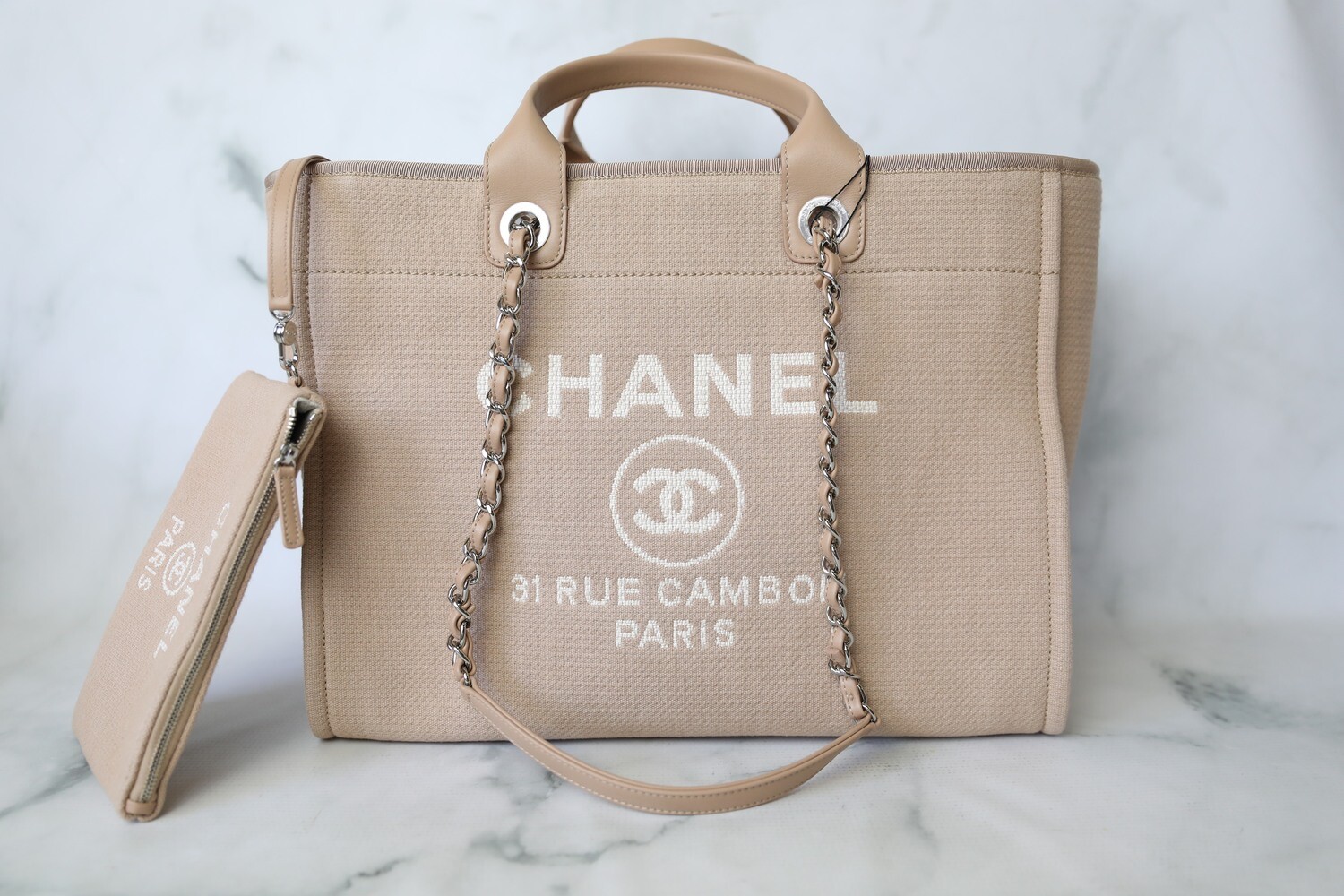 Chanel Deauville Large, Tan Beige Canvas with Silver Hardware, New in Box  WA001