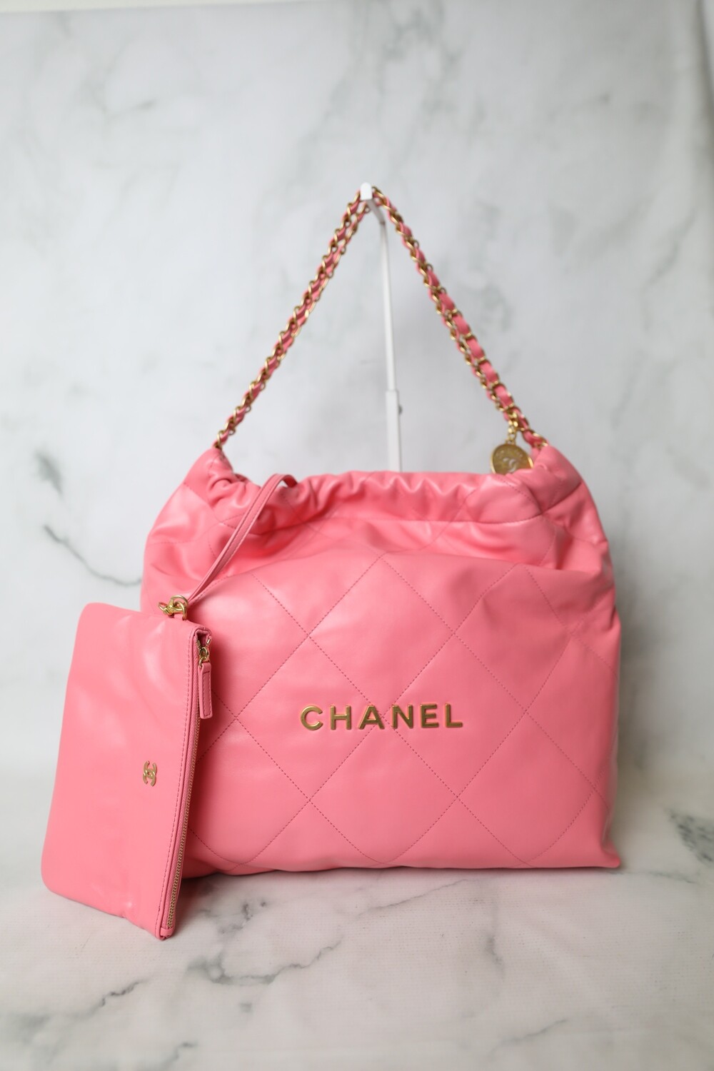 Chanel 22 Small Quilted Hobo Tote, Rose Gold Calfskin with Gold