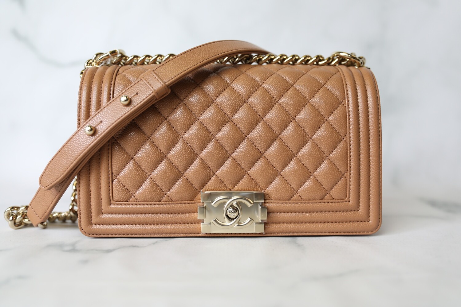 NEW WITH TAGS Chanel Small Boy Bag CAMEL CARAMEL Caviar With Gold Hardware