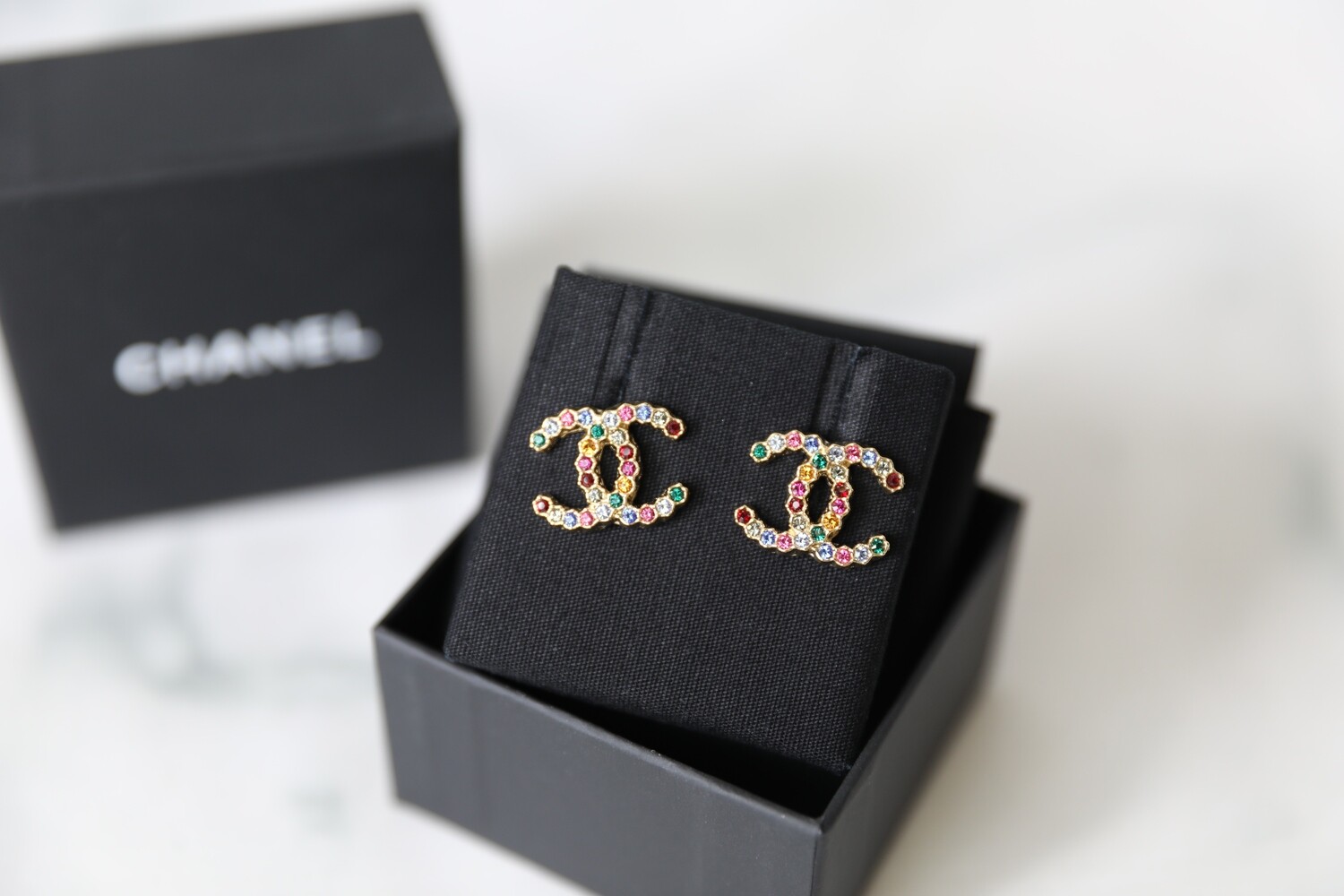 Chanel Earrings CC Ribbon Studs, Gold Hardware with Crystals, New in Box  GA001 - Julia Rose Boston