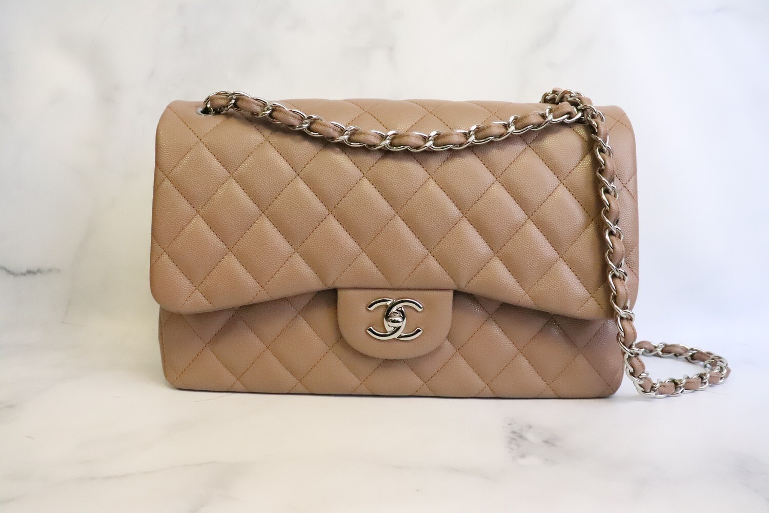 Chanel Classic Jumbo Double Flap, 17B Beige Caviar Leather, Silver Hardware, Preowned in Box MA001