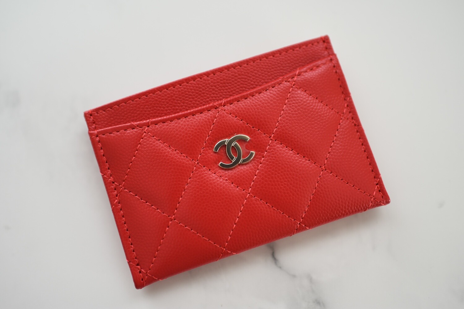 Chanel Flat Card Holder, Red Caviar with Gold Hardware, New in Box GA006