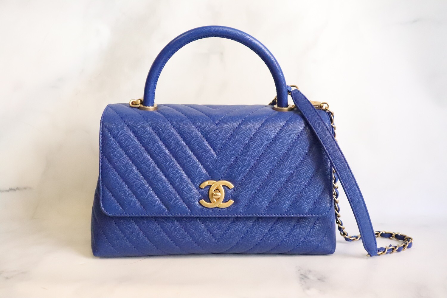 Chanel Coco Handle Small, Chevron Royal Blue Caviar Leather, Brushed Gold Hardware, Preowned in Dustbag