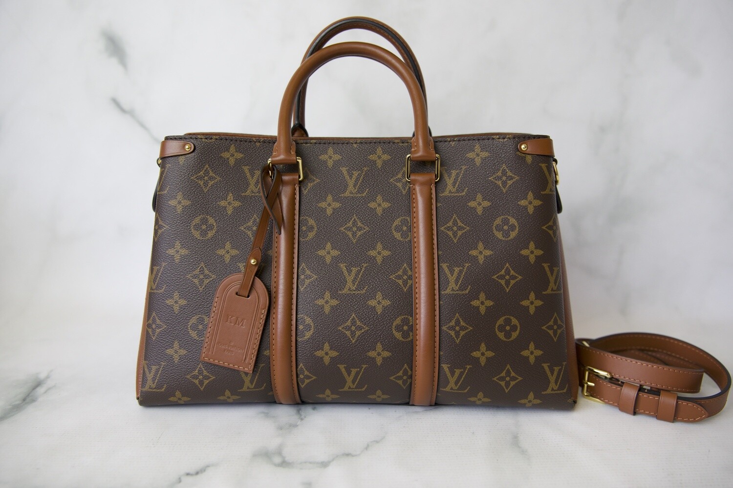 Louis Vuitton Soufflot MM, Monogram with Tan Leather, Preowned in Box WA001