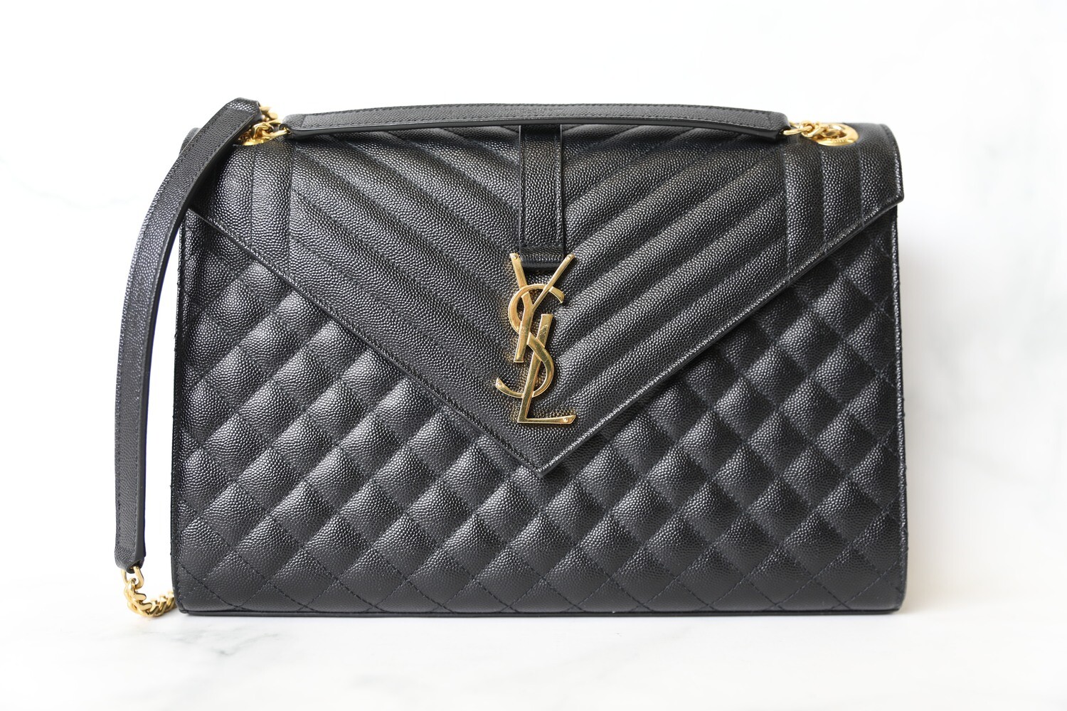Saint Laurent Envelope Large, Black Pebbled Leather with Gold Hardware, Preowned in Box WA001