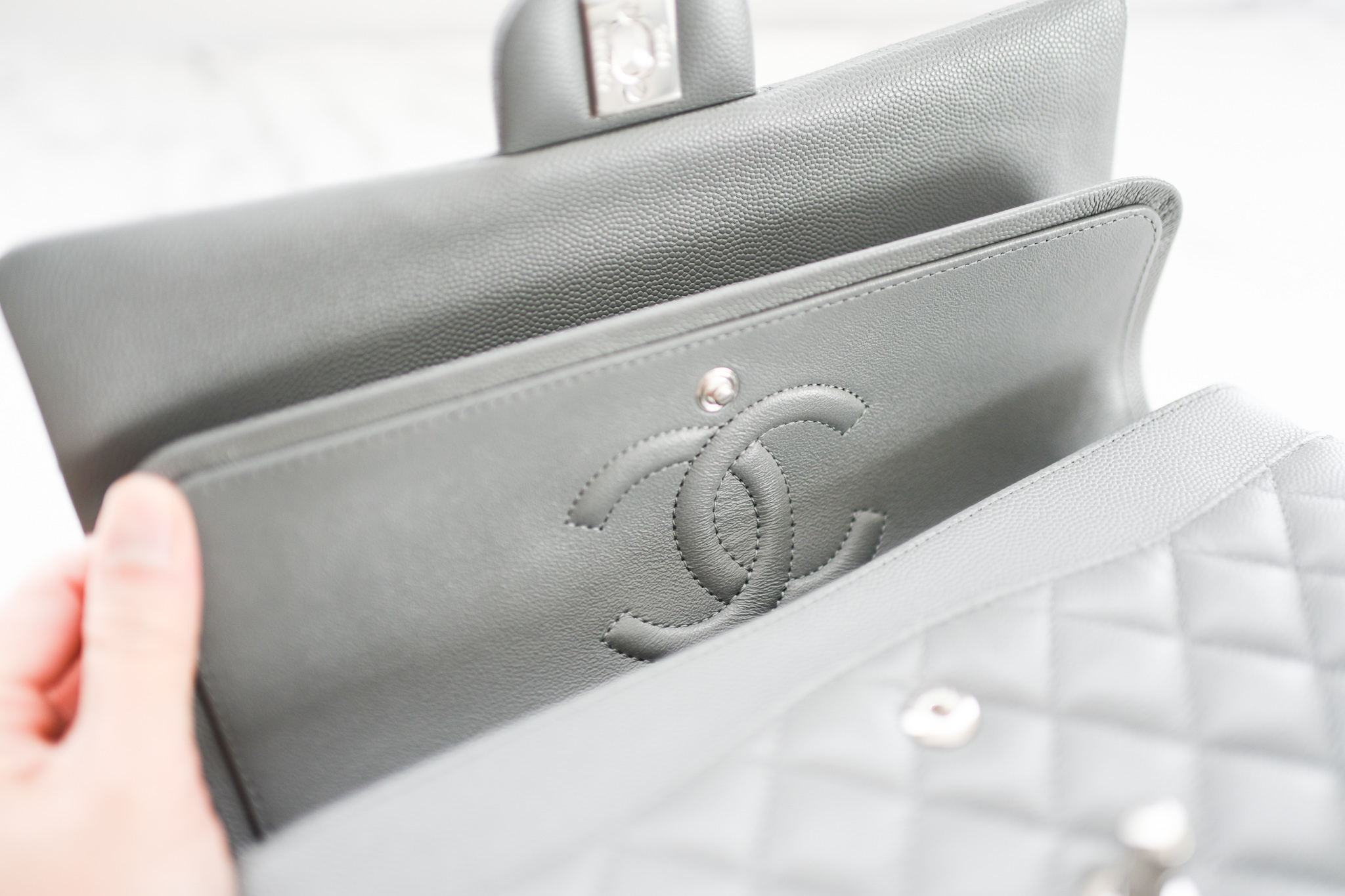 Chanel Medium Classic Flap, 17B Grey Caviar with Silver Hardware, Mint  Condition in Box GA001